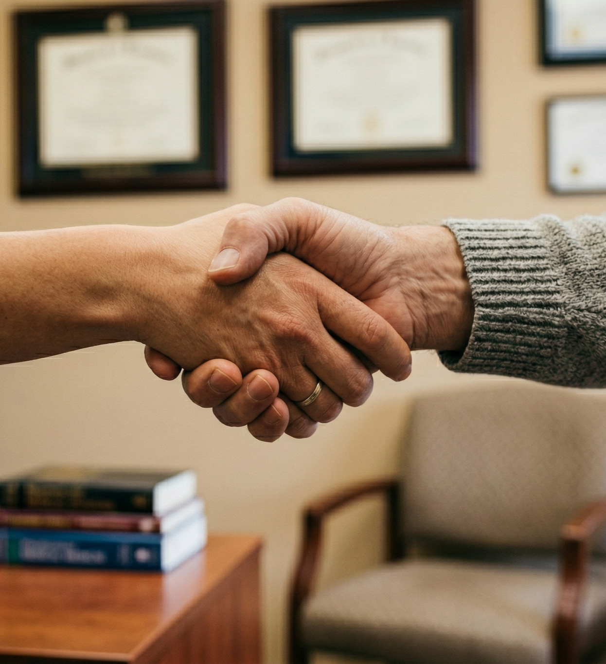 Two people shaking hands in a professional setting, with framed certificates hanging on the wall behind them.