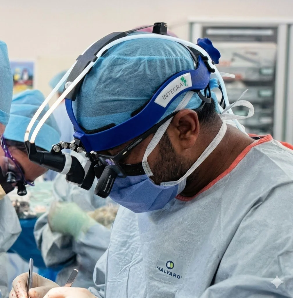 Surgeons wearing surgical masks, caps, and gowns performing an operation in an operating room.