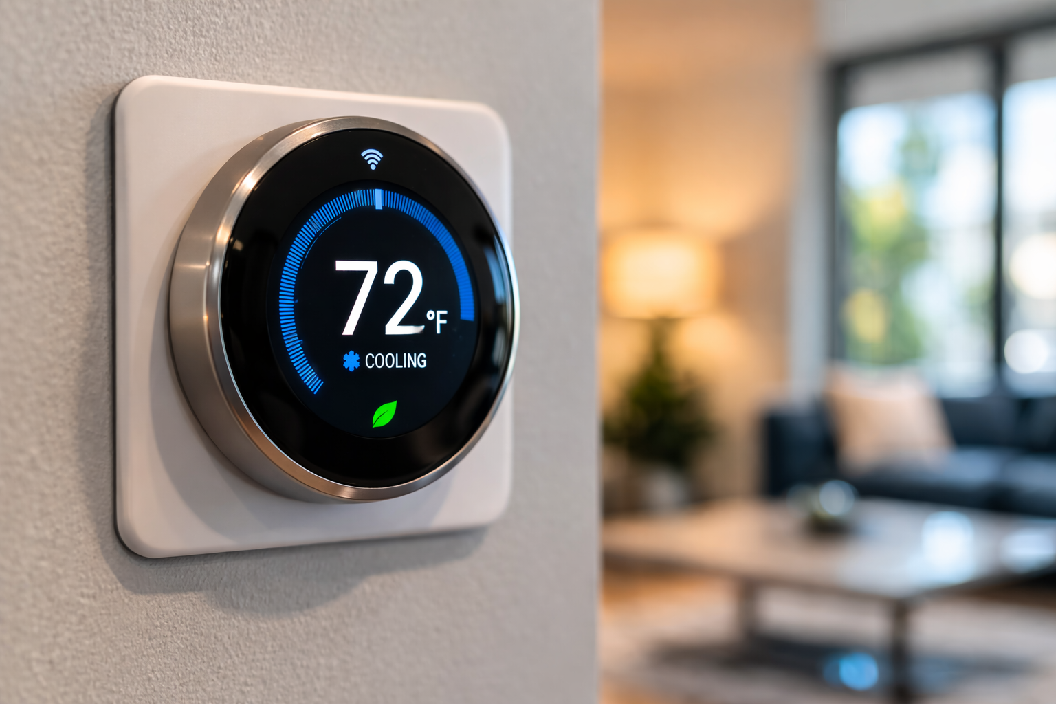 Smart thermostat mounted on a wall displaying a temperature of 72°F, cooling mode, with a green leaf icon indicating energy-saving mode.