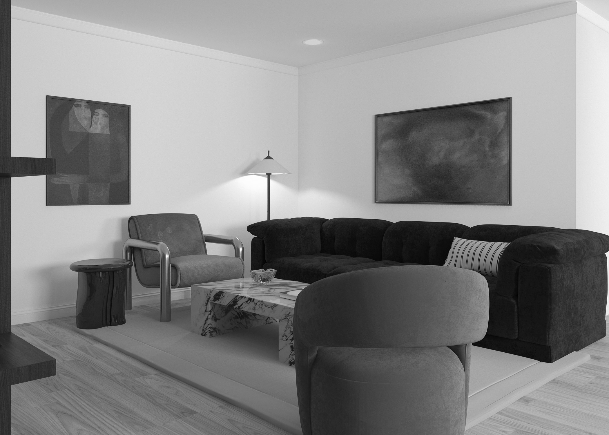 A living room corner with sofa, armchair, marble coffee table, wall art, a floor lamp, and wooden flooring.