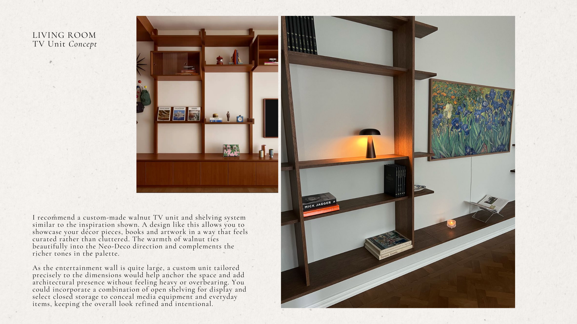 Interior design concept presentation showing custom TV unit design.