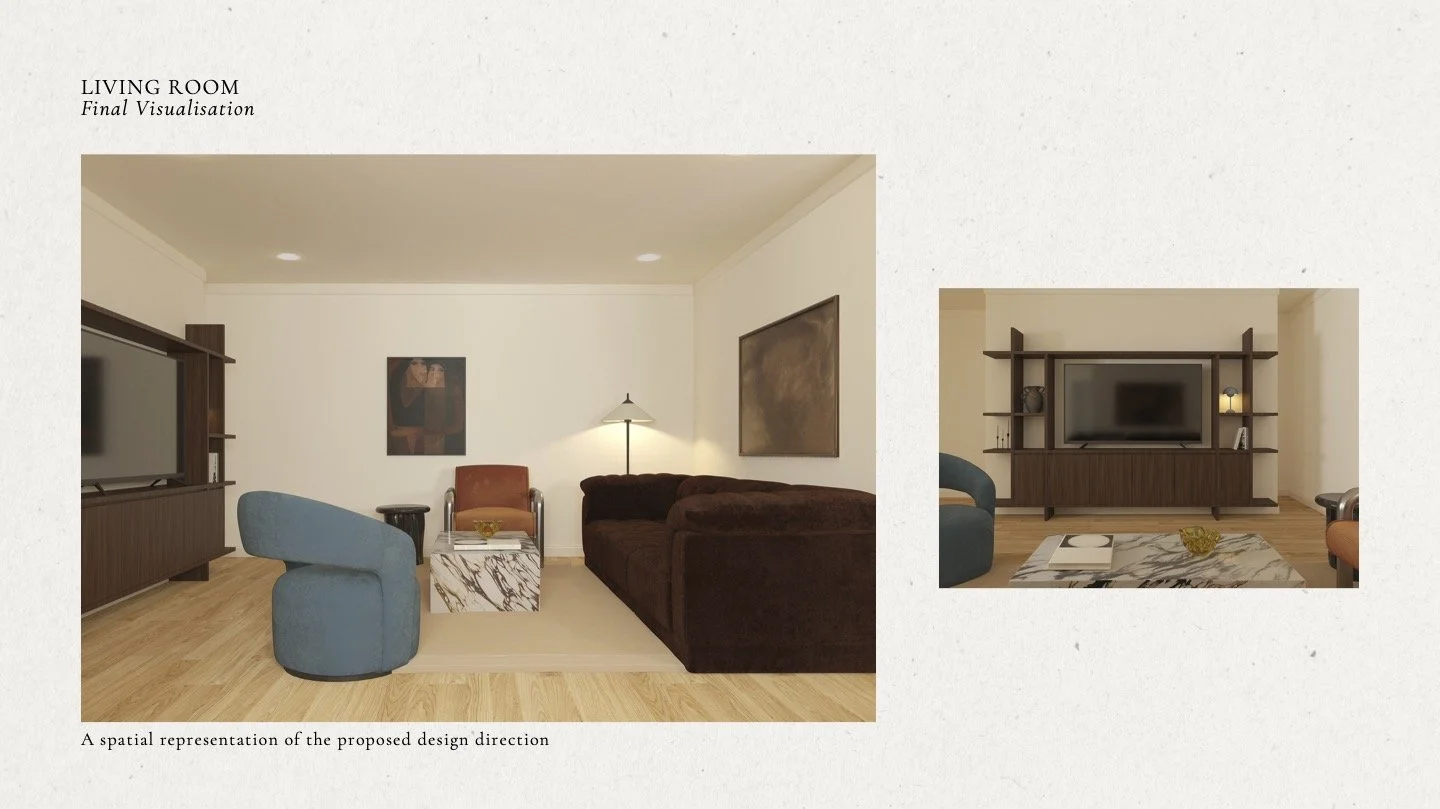 Contemporary Neo-Deco living room interior with velvet sofa, blue swivel chair, marble coffee table and custom walnut TV unit, 3D render