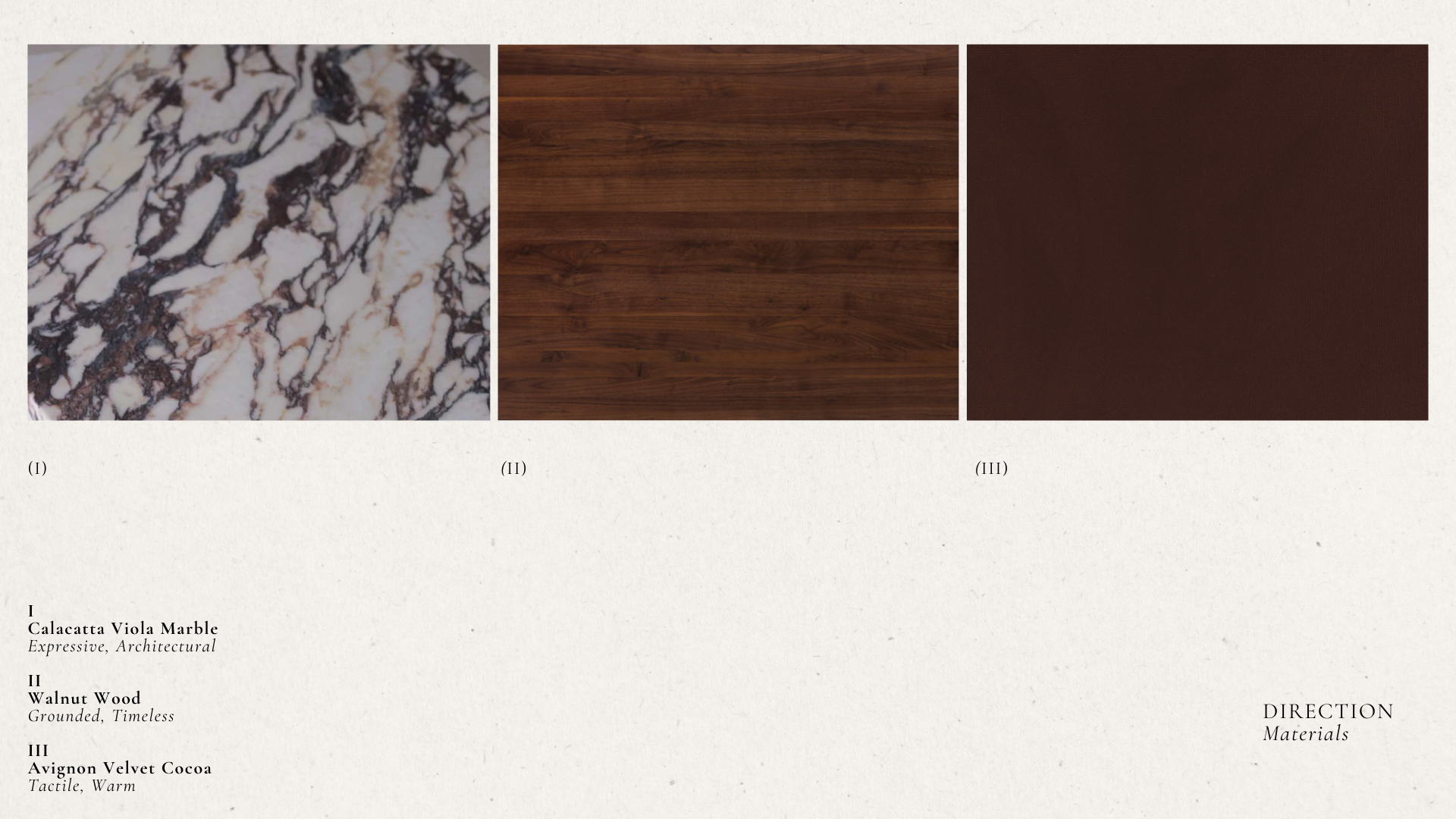 Interior design concept presentation showing material palette and living room design direction.