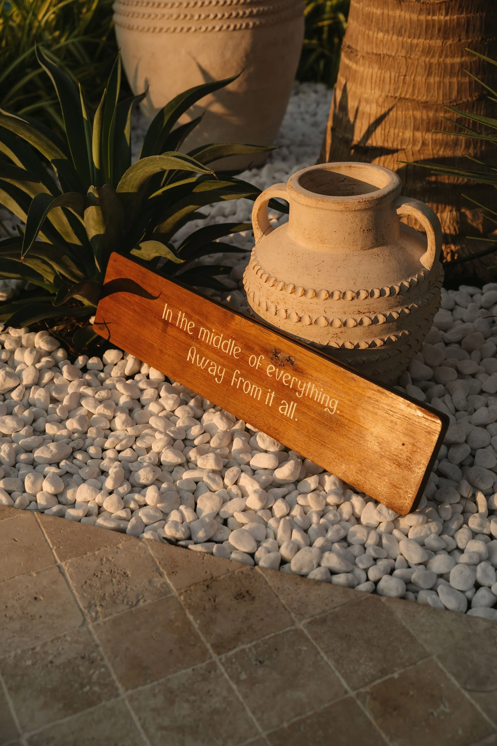 A decorative garden scene featuring a white ceramic vase, green plants, and a wooden plaque with the quote 'In the middle of everything, away from it all.' placed on white pebbles and sunlight casting warm tones.