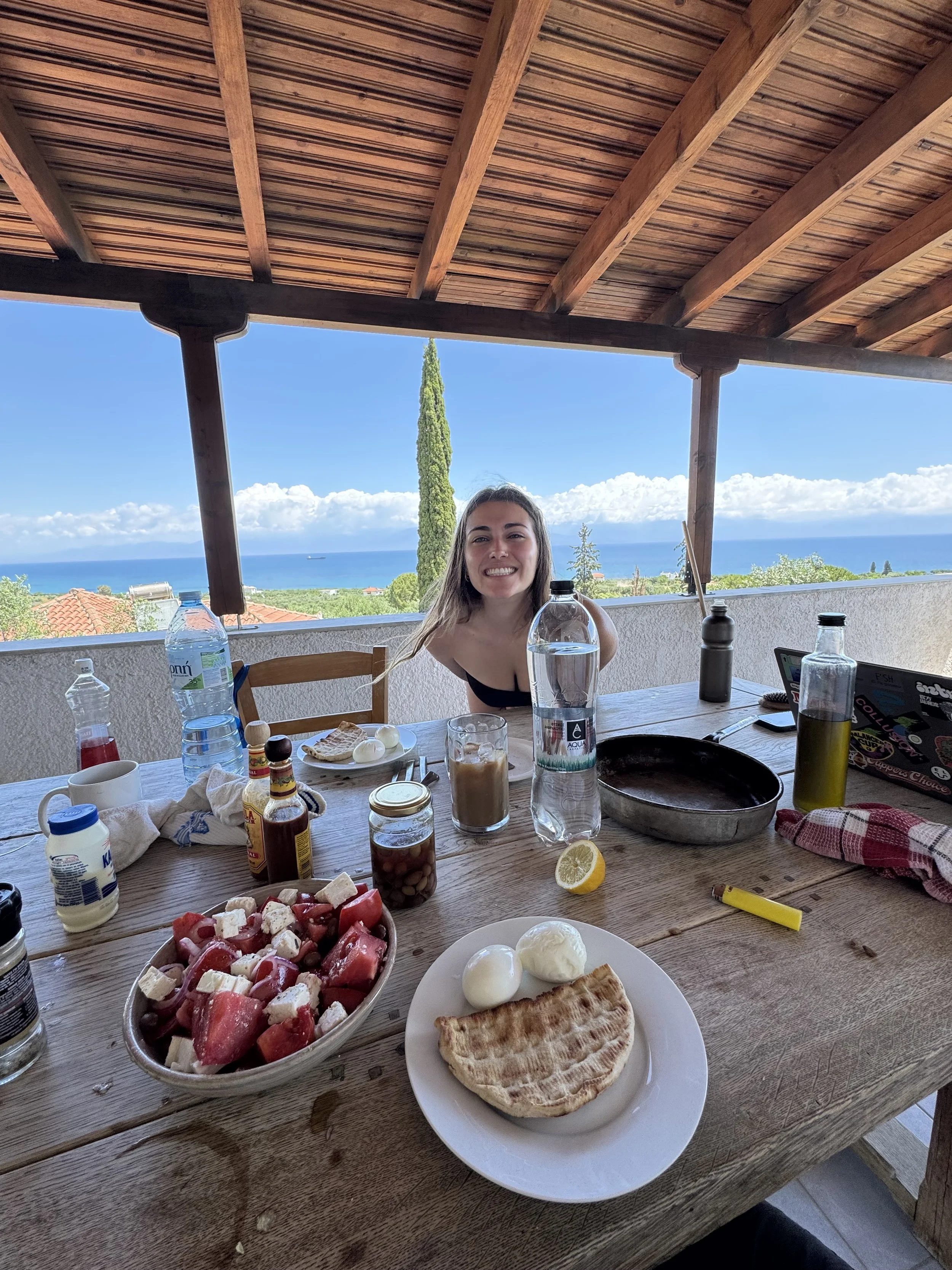 Veranda breakfast at Saint Friday Villas Greece – fresh Greek food on a sea view terrace, Messinia Peloponnese