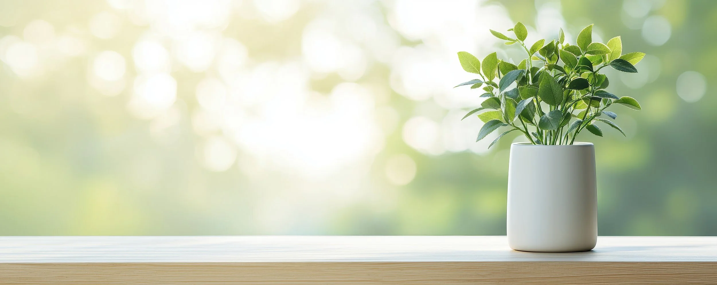 Green leafy plant in a white pot on a wooden surface with blurred green and yellow background.