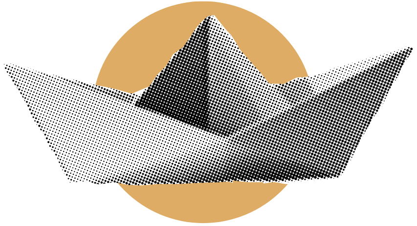 Ein stilisierter Papiergezeitenboot mit schwarzen und weißen Punkten, vor einem orangen Kreis.