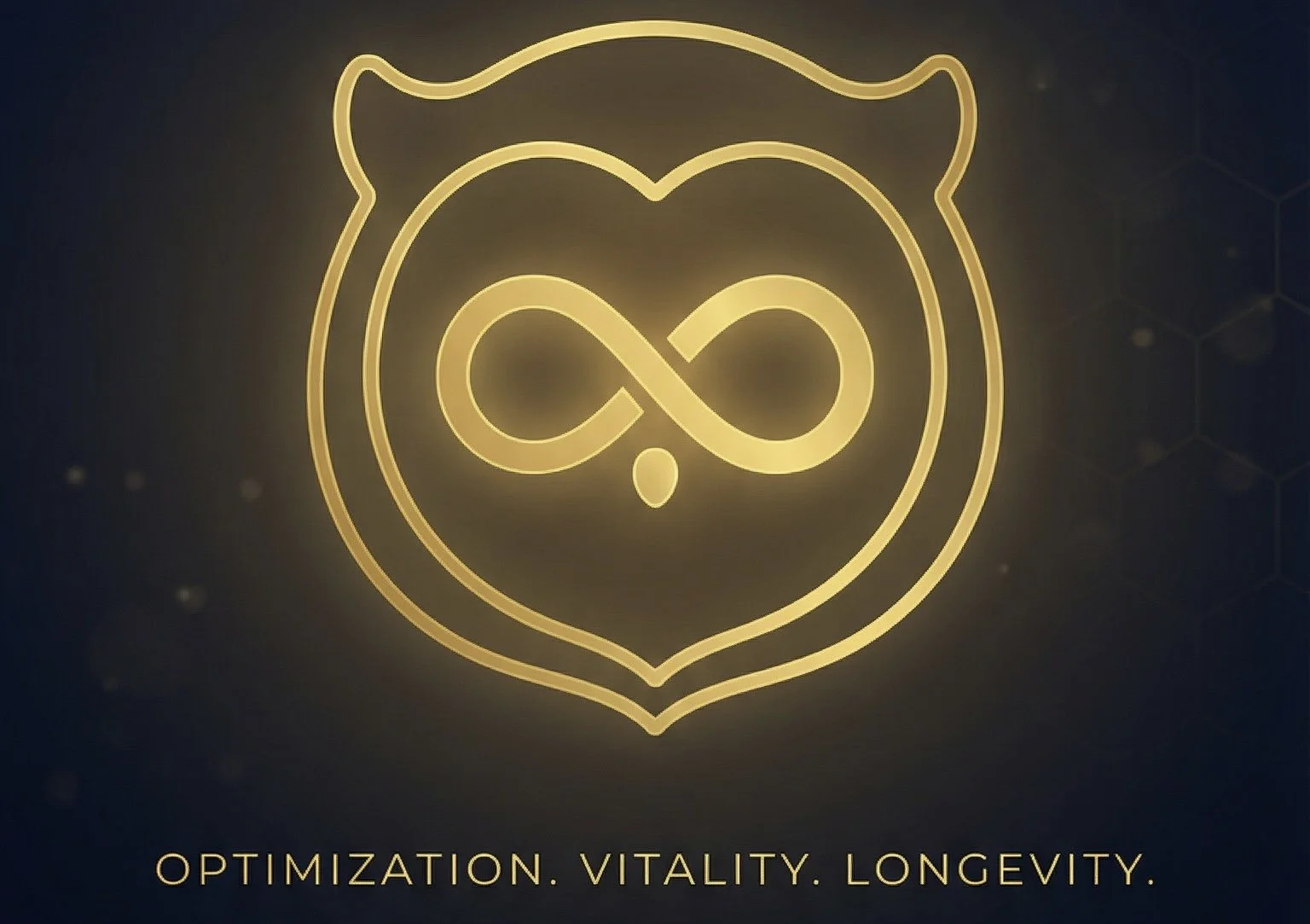A glowing yellow neon outline of a bear's face with a stylized infinity symbol forming the eyes and nose inside a heart shape, on a dark background. Below, text reads 'OPTIMIZATION. VITALITY. LONGEVITY.'.