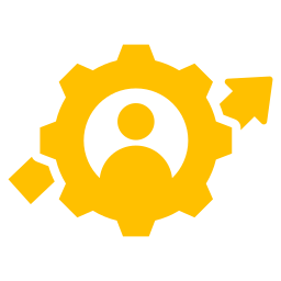 Icon of a person inside a yellow gear with an arrow and another gear around it, representing user settings or configuration.