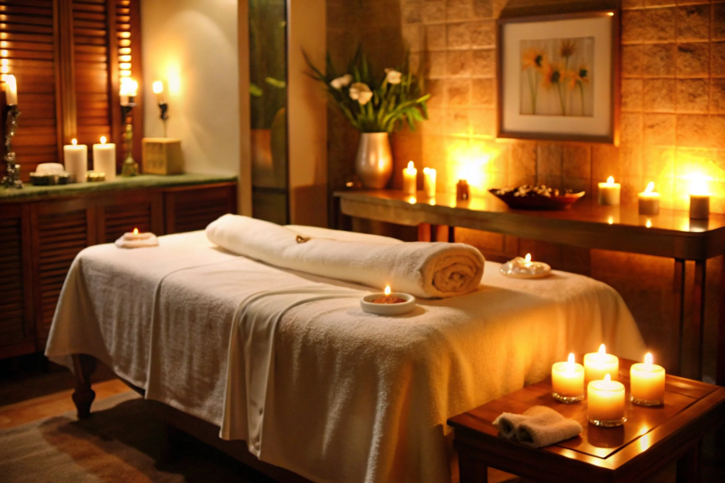 A dimly lit massage room with a massage table covered in a white towel and decorated with candles, a rolled towel, and a bowl of candles. There are candles, flowers, and artwork on the walls, creating a relaxing atmosphere.