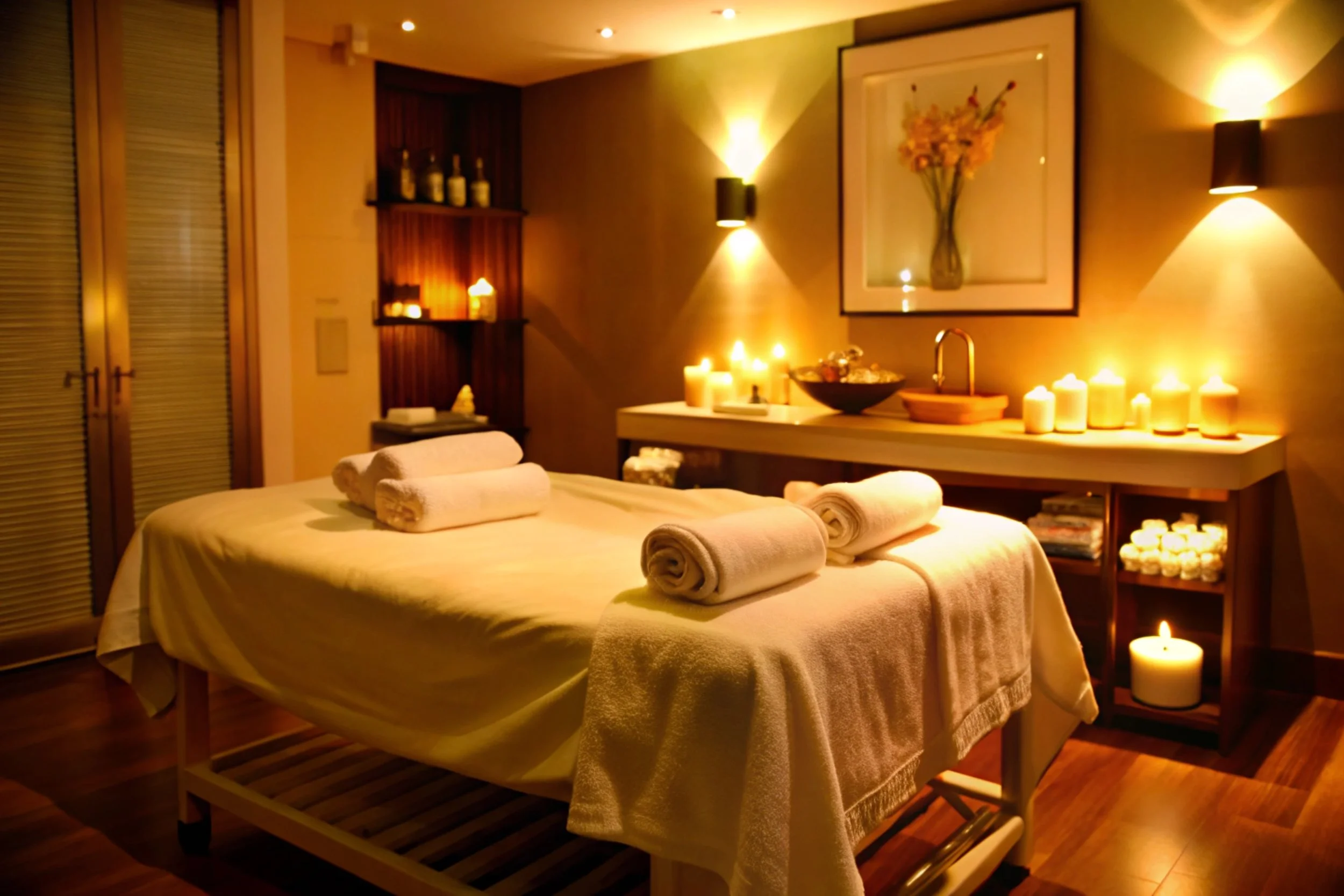 A dimly lit massage room with a massage table covered in a cream sheet and four rolled towels on top. The room is decorated with candles, a vase with flowers, and framed artwork on the wall, creating a relaxing ambiance.