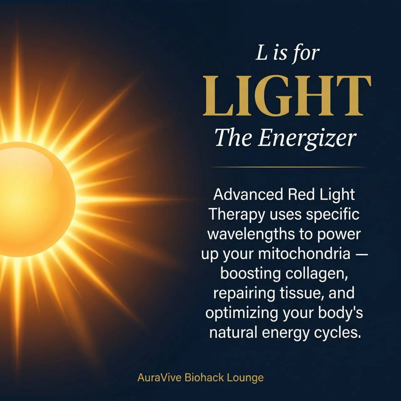 Illustration of a glowing yellow sun with rays on a dark blue background, alongside text explaining the benefits of red light therapy.