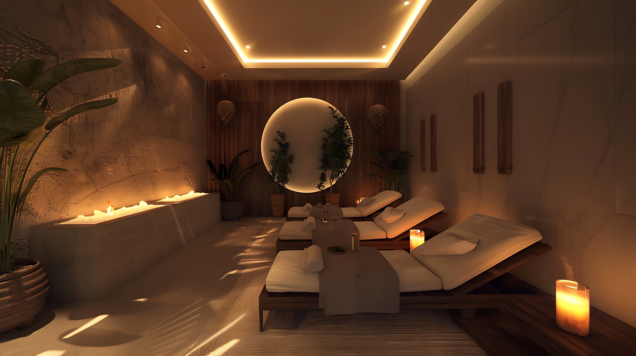A dimly lit spa room with three massage tables, candles, and decorative plants, featuring warm lighting and wooden accents.