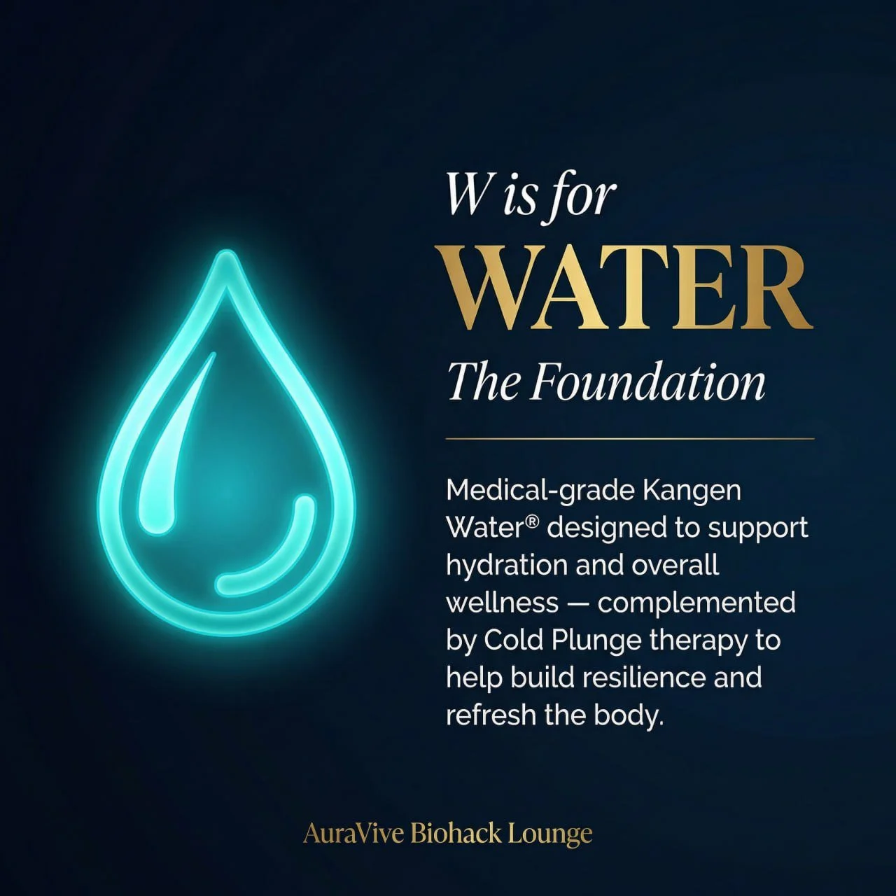 Neon sign of a water droplet next to text that reads 'W is for WATER The Foundation. Medical-grade Kangen Water designed to support hydration and overall wellness, complemented by Cold Plunge therapy to help build resilience and refresh the body. AuraVive Biohack Lounge.'