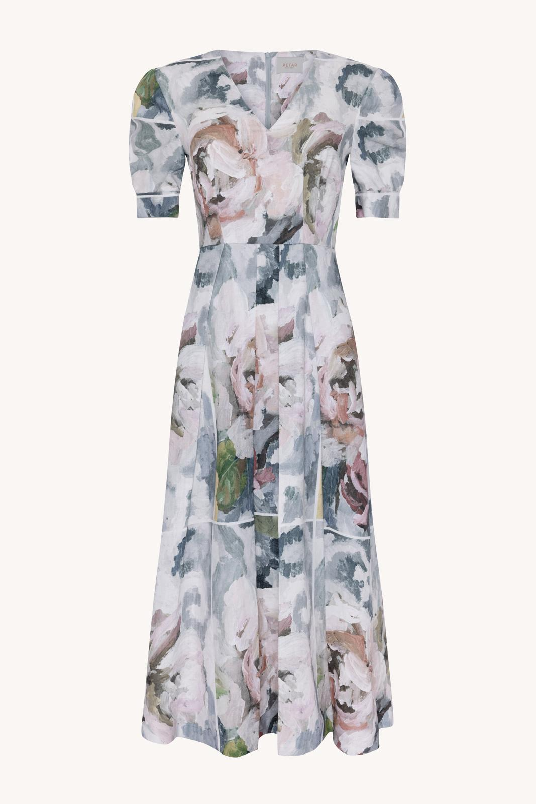 Front view of the PETAR Limited Edition I dress, one of only five pieces made to order in floral linen.