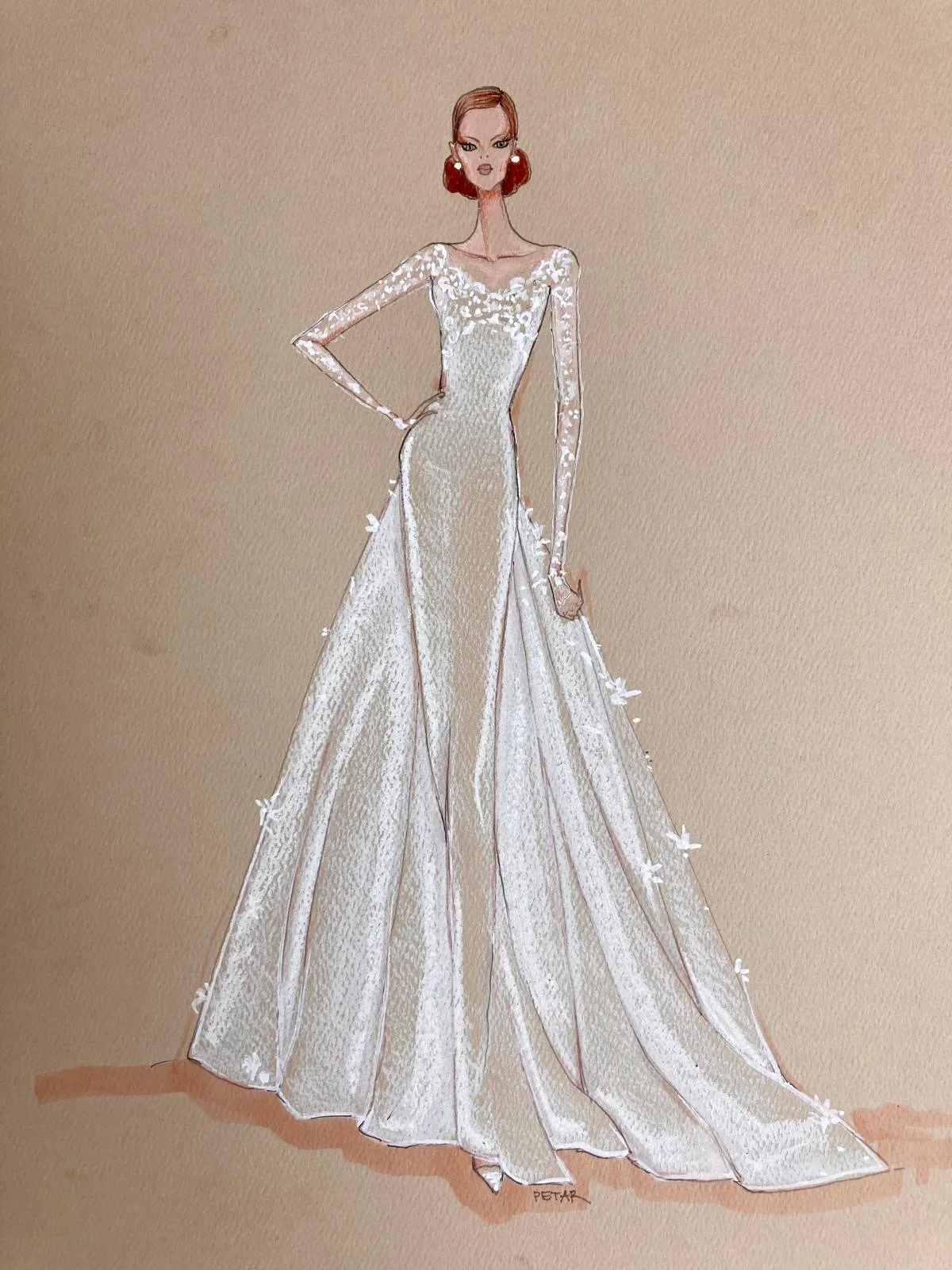 Illustration of a woman in a white, elegant, floor-length gown with long sleeves and floral details, standing confidently with one hand on her hip.