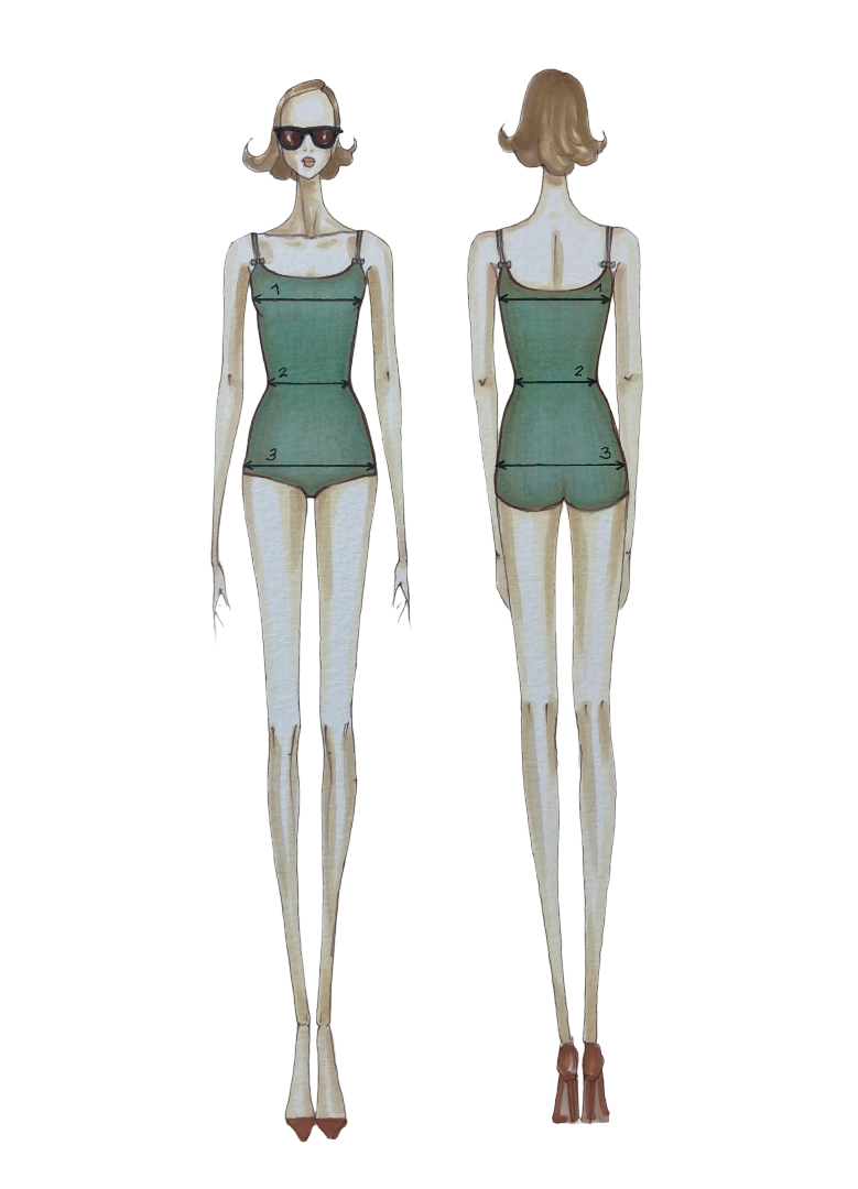 An illustration of a woman in two views, front and back, wearing a green swimsuit with labeled measurements for the bust, waist, and hips, and accessorized with sunglasses and high heels.