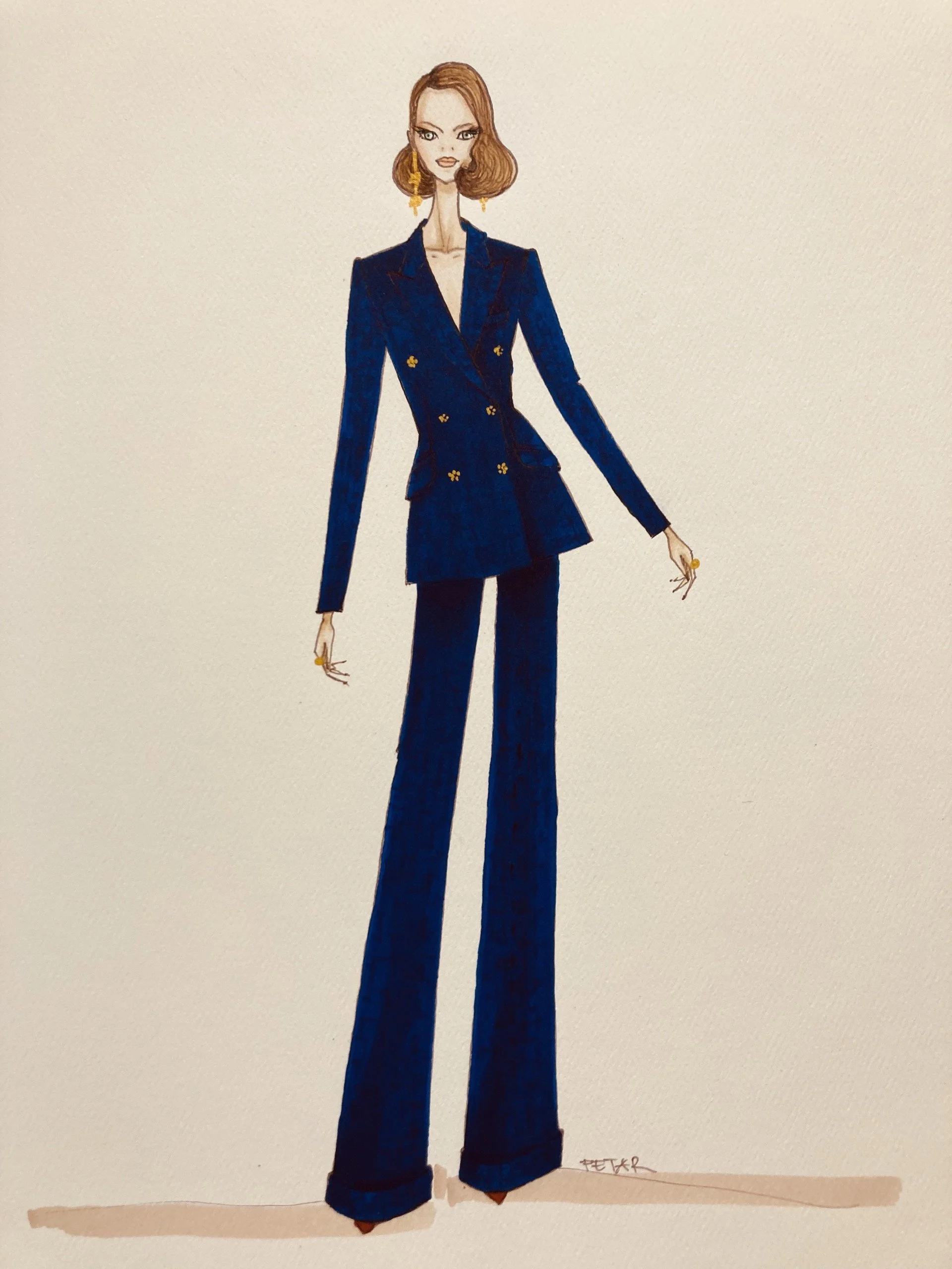PETAR fashion illustration of a woman wearing a blue blazer and wide-leg trousers