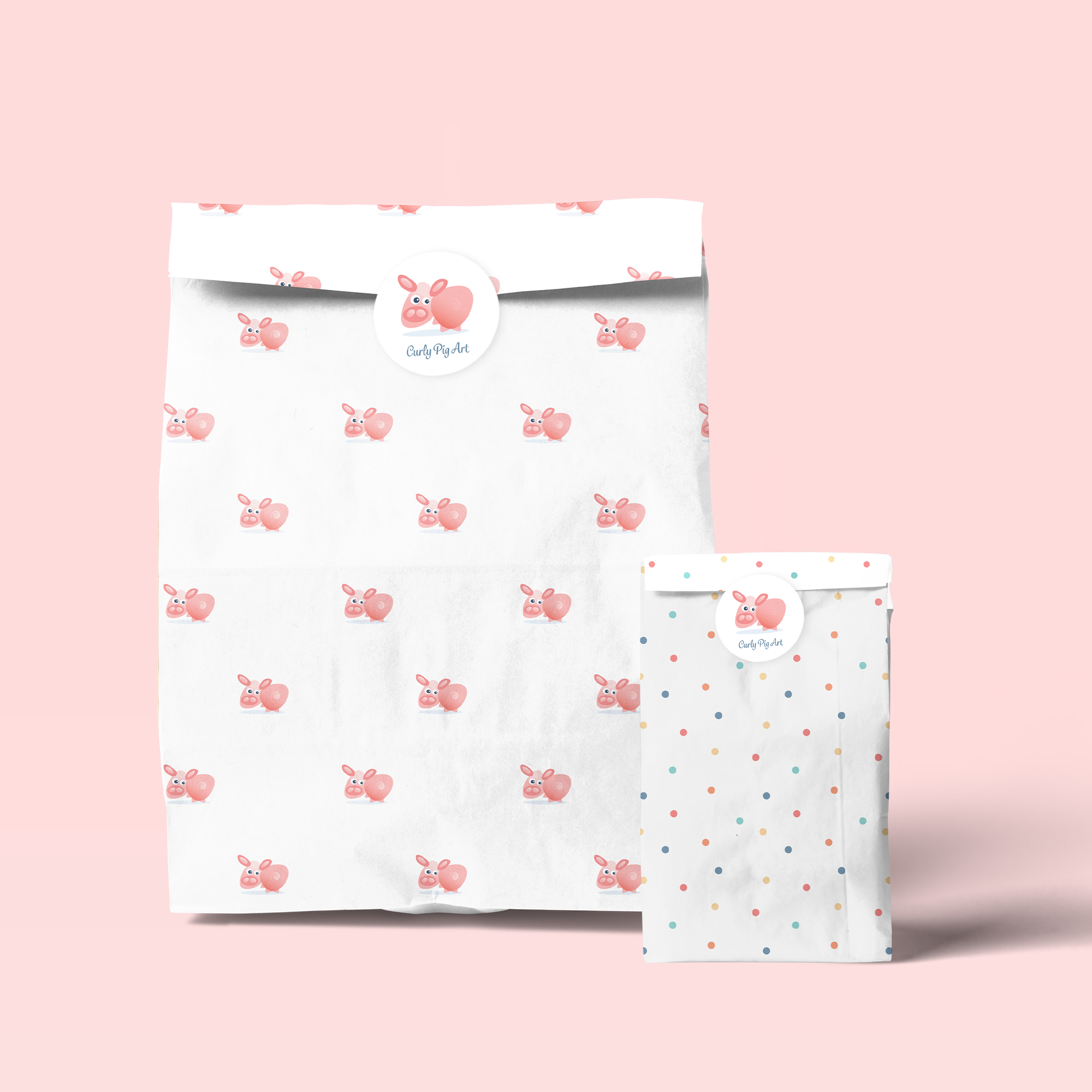 Two gift bags, one large and one small, with pig cartoon designs and polka dot patterns on a pink background.