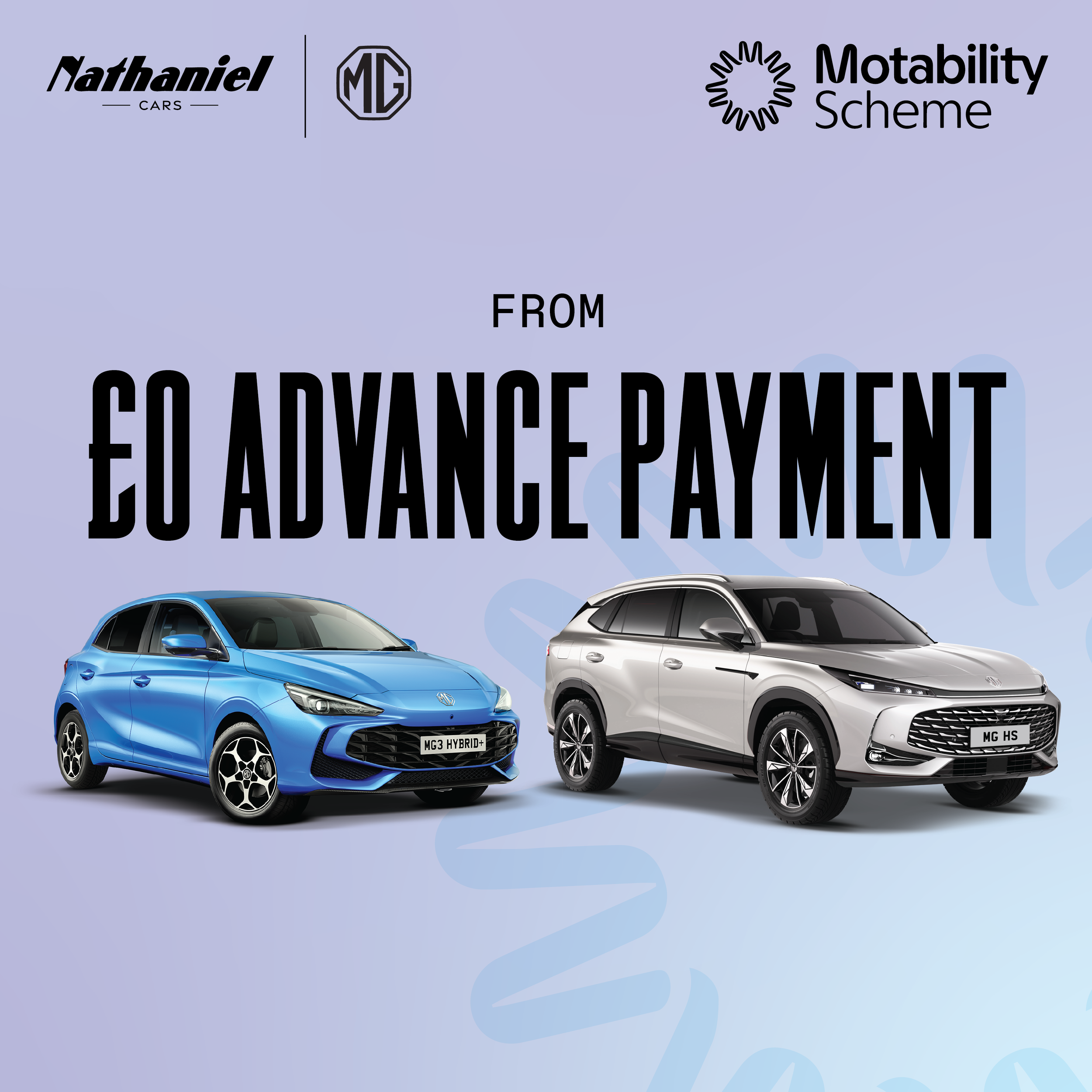 Blue hatchback and silver SUV cars with logos and text indicating a mobility scheme for EO advance payment from Nathaniel Cars and MG.