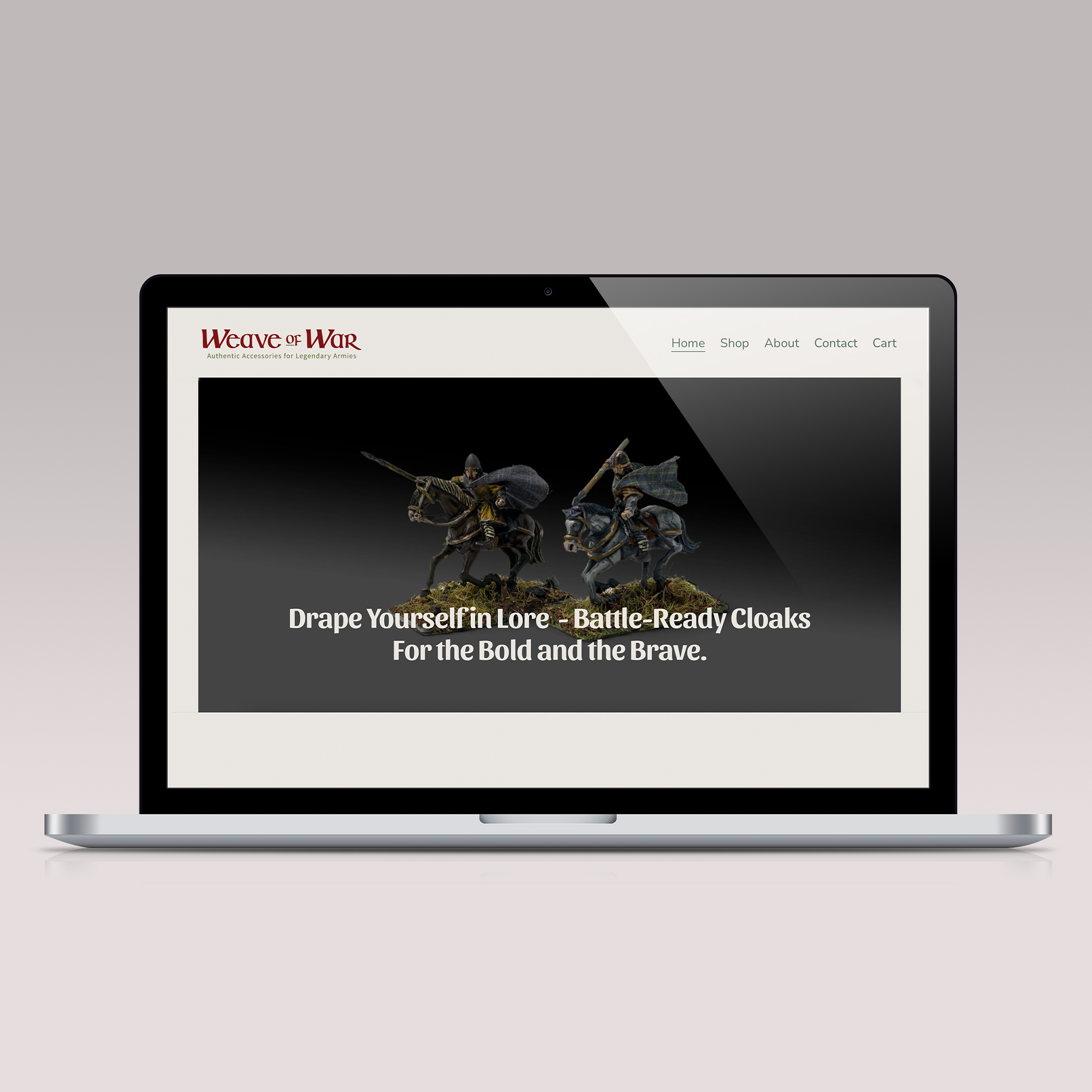 A laptop displaying a website for Weave of War, featuring miniature armored knights on horseback with battle-ready cloaks for tabletop gaming or collectors.