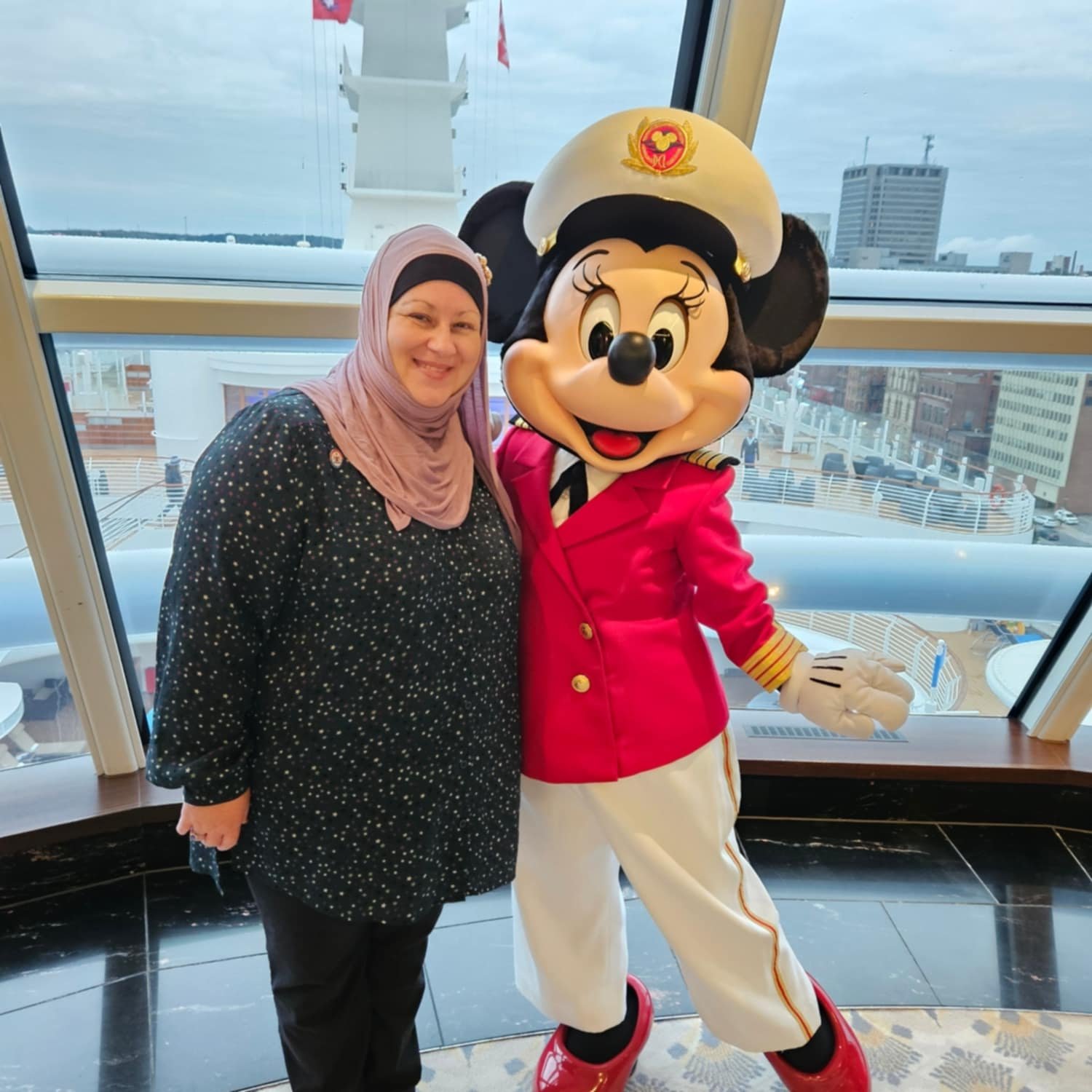 Paula has gone on numerous Cruise ships to welcome people into the port and greet the Captain. This time, she not only greeted the Captain but since it was  a Disney Cruiseline, she greeted Captain Minnie. 