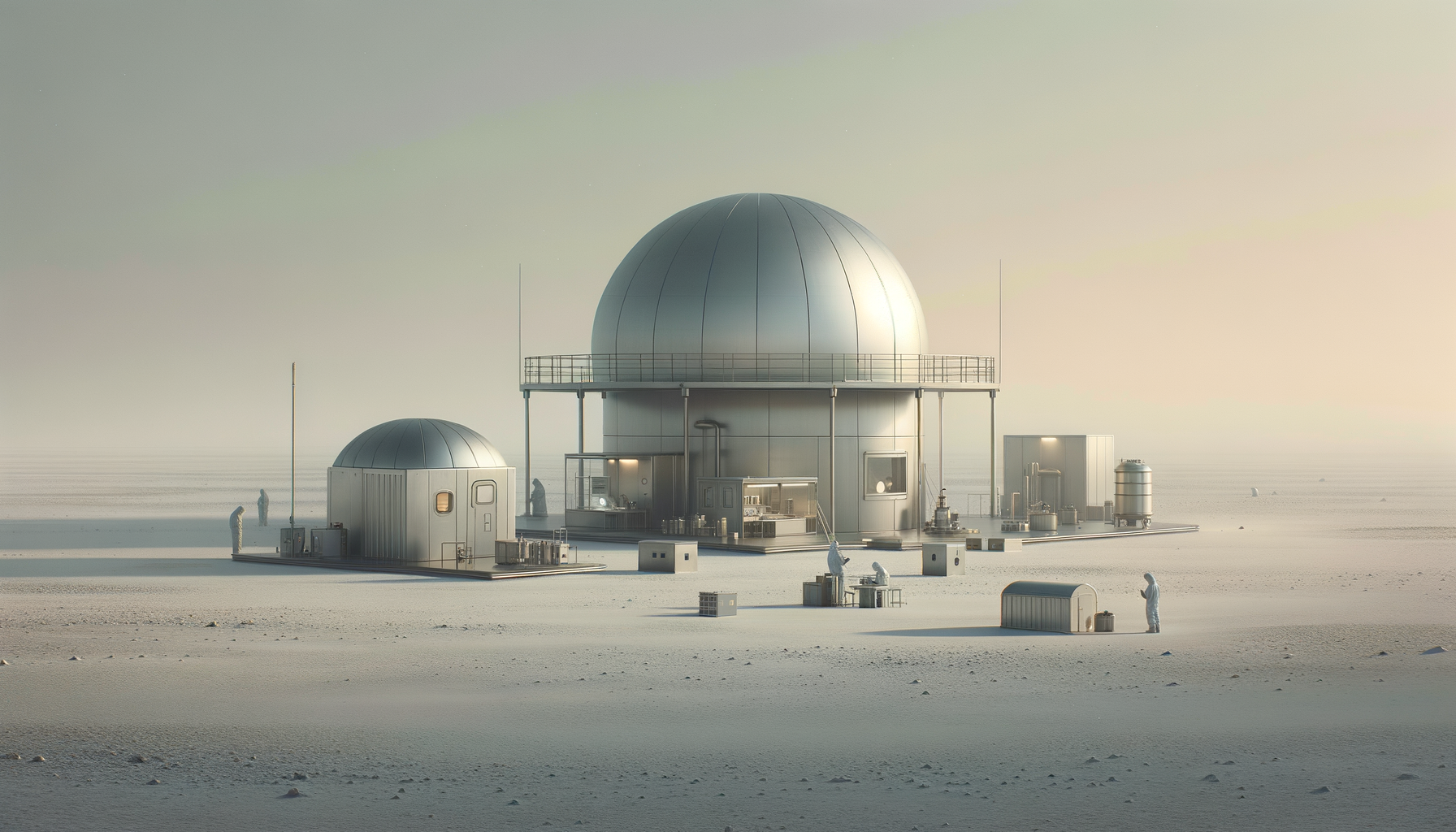 An Arctic research station with domed structures and scientists in protective gear on a snow-covered landscape.