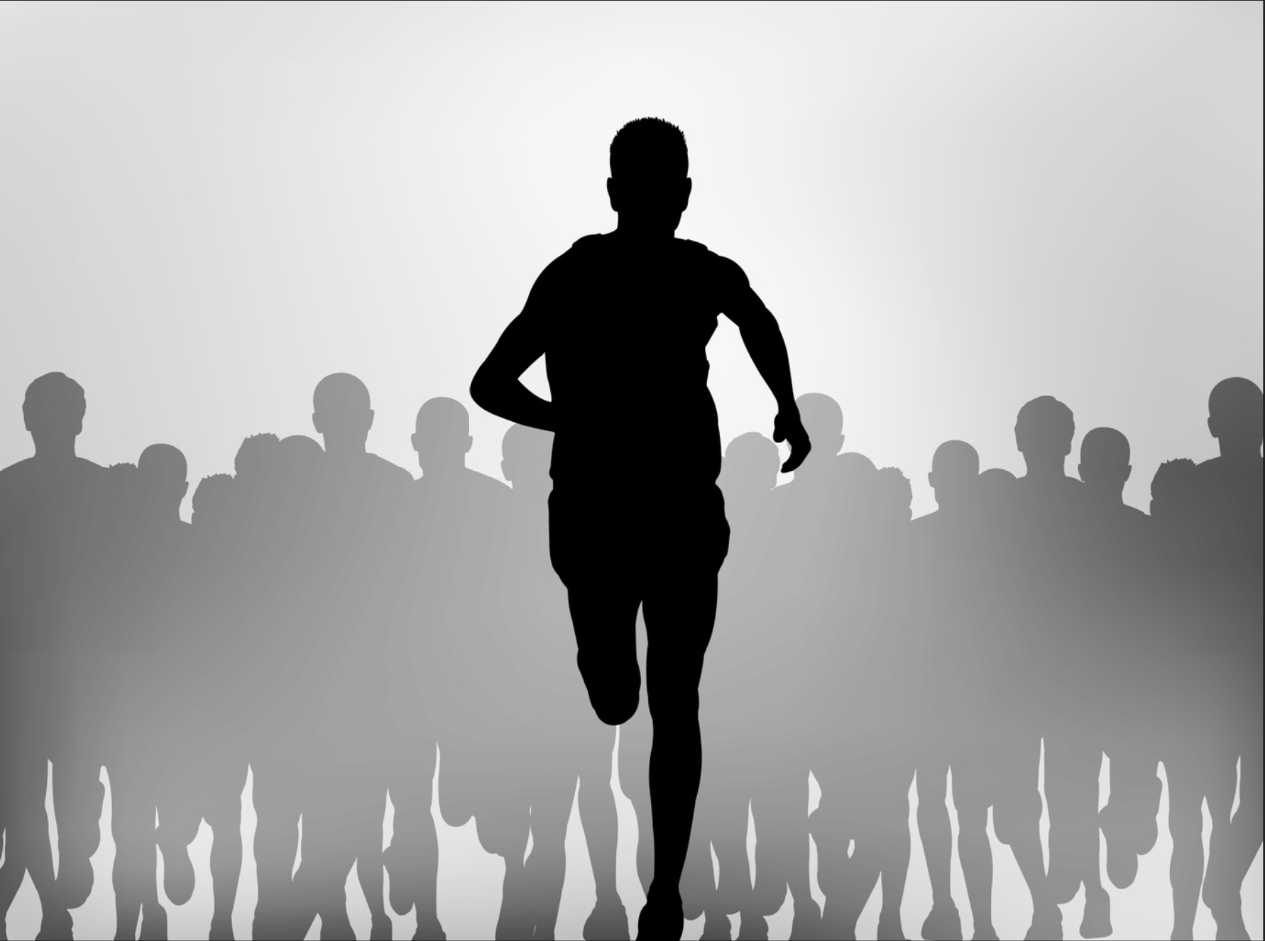 Silhouette of a person running in front of a crowd of people.