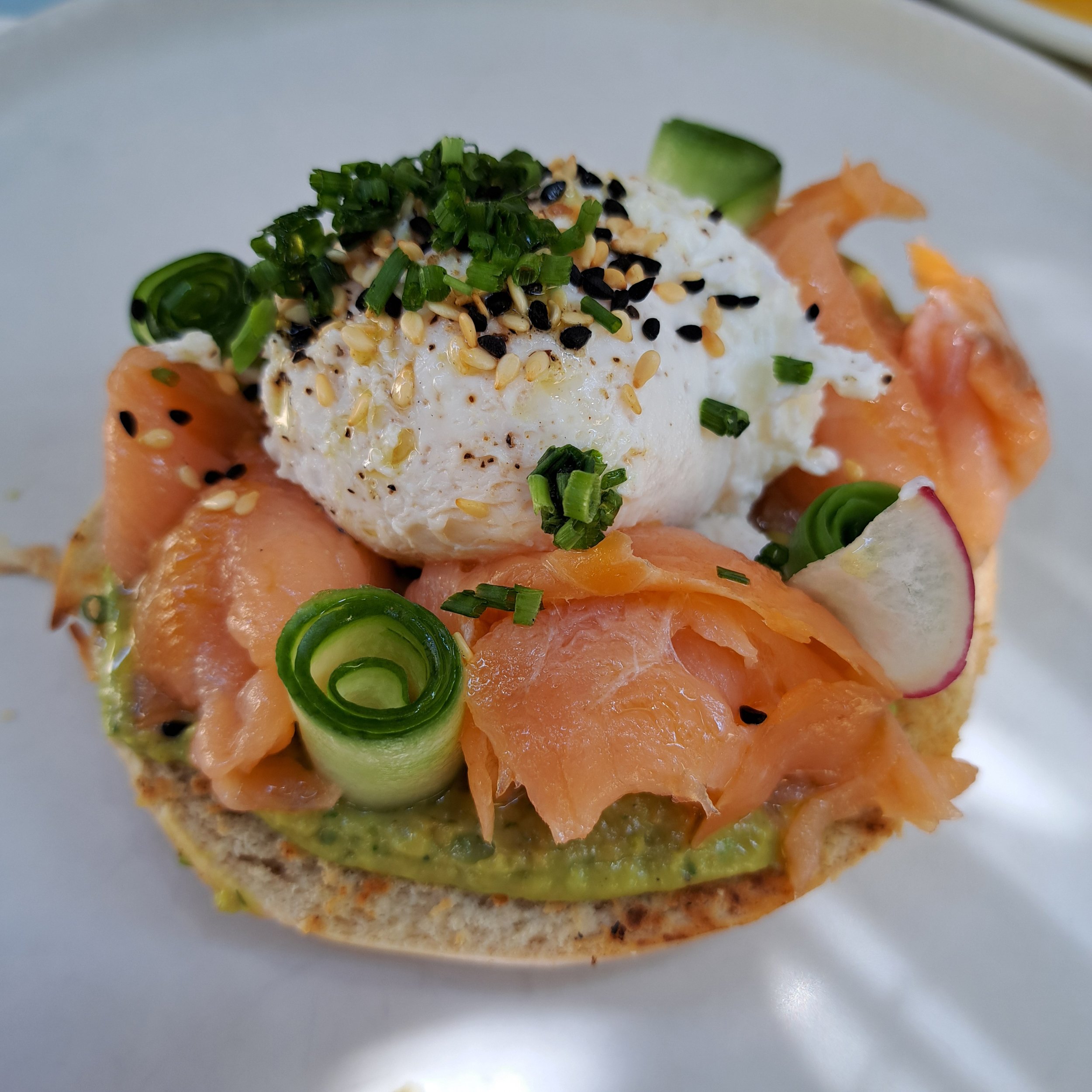 Close-up van een sushirol met zalm, roomkaas, komkommer, sesamzaad en gehakte groene ui, op een witte plaat
