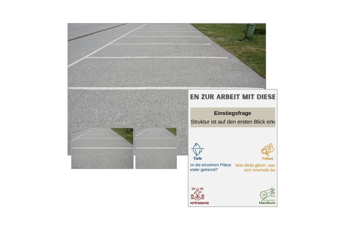 Markierte Parkfelder als Strukturbild mit verschiedenen Formaten und Vorschau von 5 Arbeitsfragen zur Reflexion