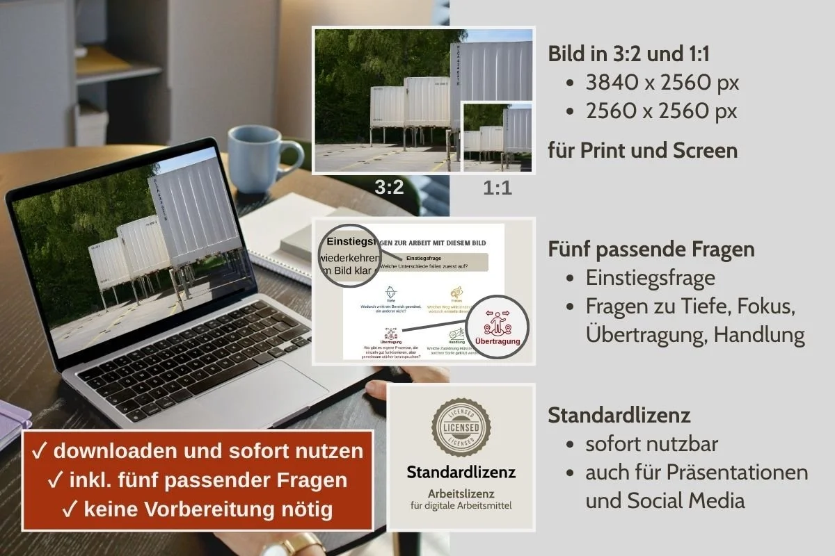 Drei Container als Bild für Entscheidungen in verschiedenen Formaten, Vorschau von 5 passenden Arbeitsfragen und Standardlizenz