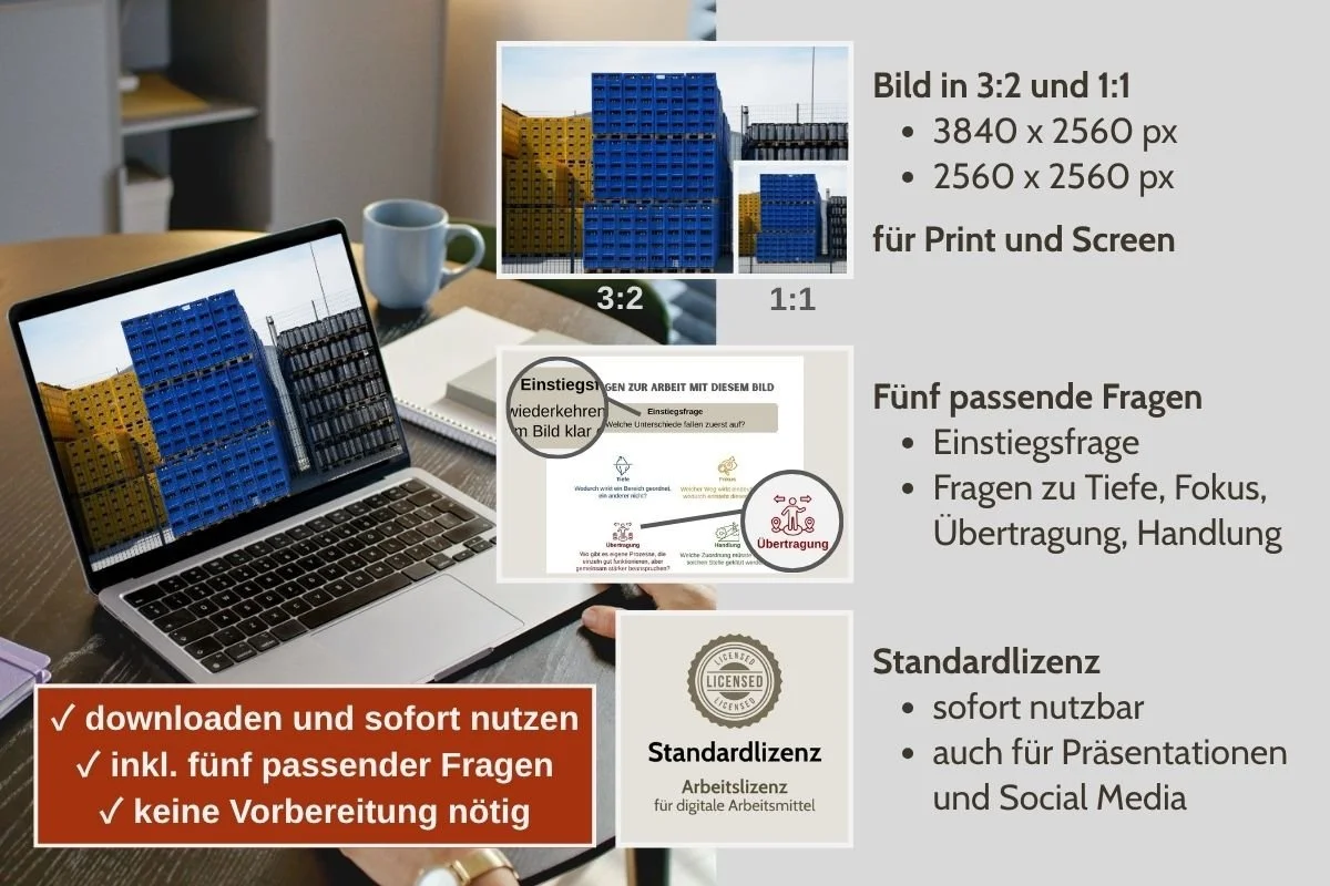 Gestapelte Getränkebehälter als Bild für Struktur und Ordnung in verschiedenen Formaten, Vorschau von 5 passenden Arbeitsfragen und Standardlizenz