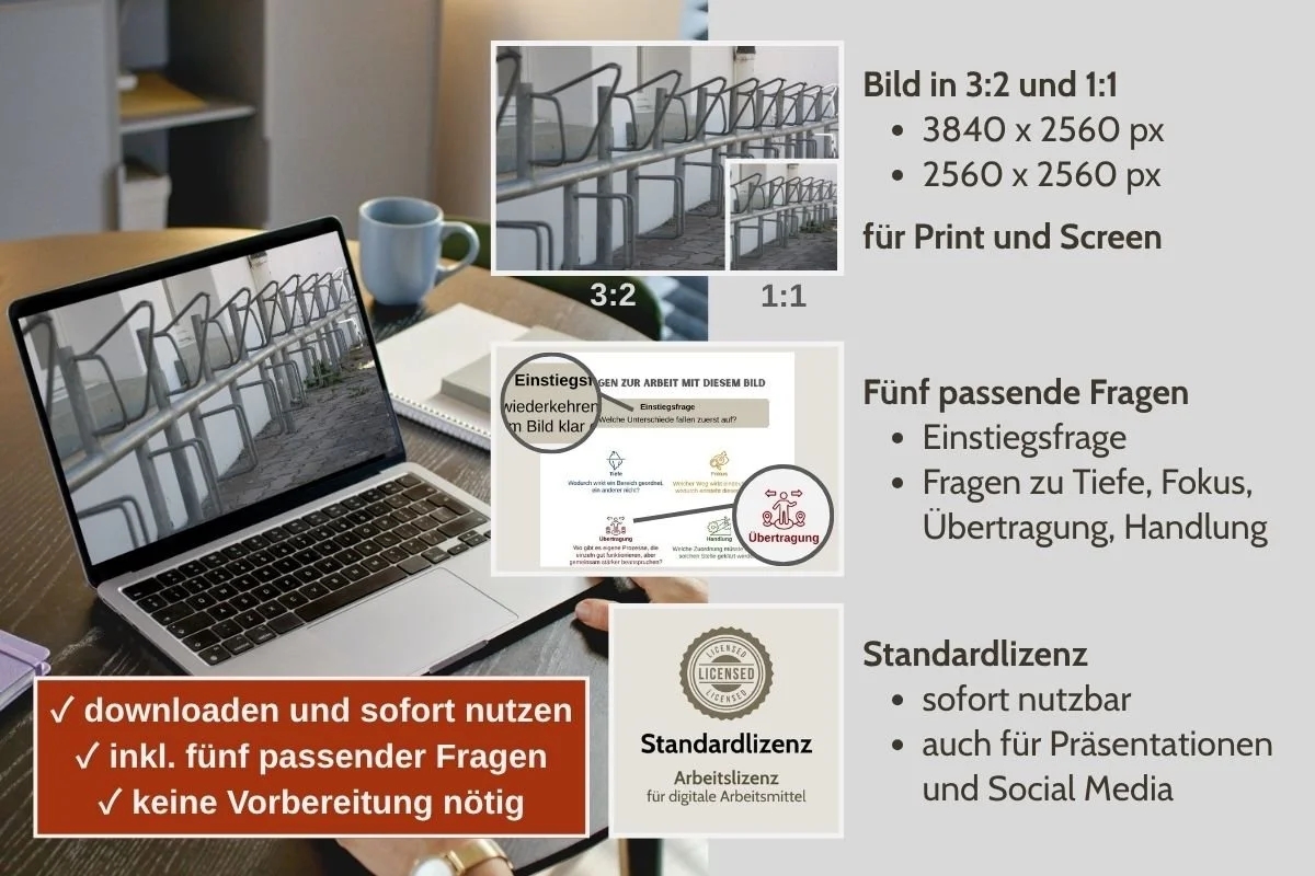 Veloständer mit Fahrradbügel als Bild für Struktur und Ordnung in verschiedenen Formaten, Vorschau von 5 passenden Arbeitsfragen und Standardlizenz