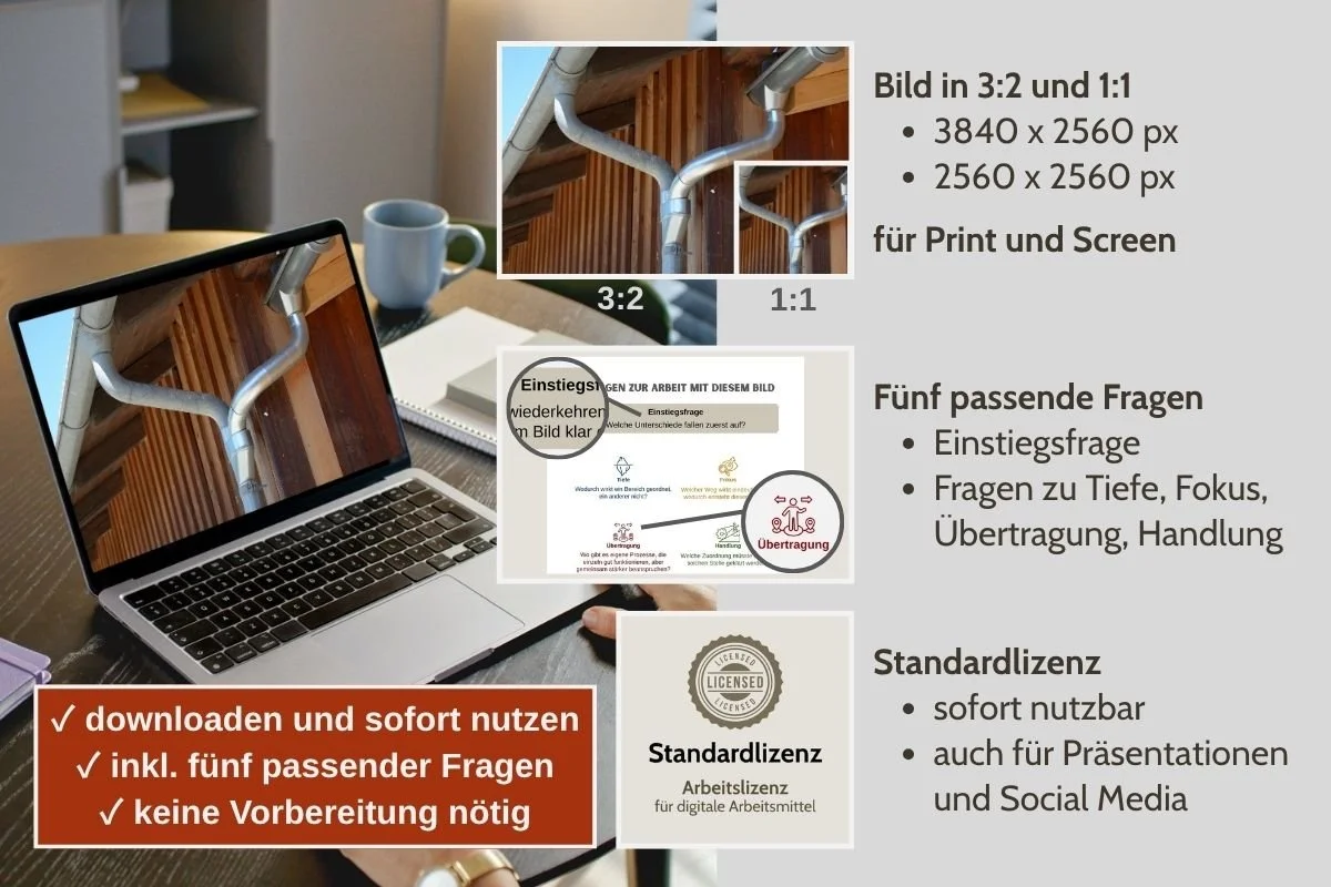 Zusammenfliessende Regenrinnen als Bild für Prozessfragen in verschiedenen Formaten, Vorschau von 5 passenden Arbeitsfragen und Standardlizenz