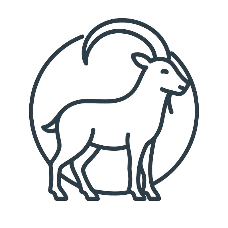 Linien-Icon eines stehenden Alpensteinbocks mit grossen Hörnern im Kreis, Symbol für das Steinbock Bild-Abo mit Schweizer Landschaftsbildern