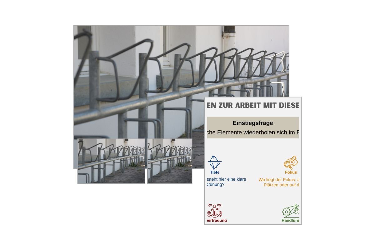 Fahrradbügel als Strukturbild mit verschiedenen Formaten und Vorschau von 5 Arbeitsfragen zur Reflexion