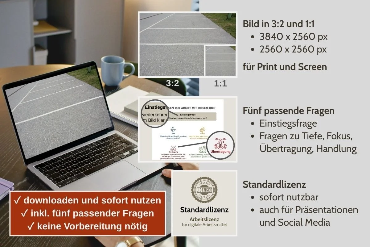 Markierte Parkfelder als Bild für Struktur und Ordnung in verschiedenen Formaten, Vorschau von 5 passenden Arbeitsfragen und Standardlizenz
