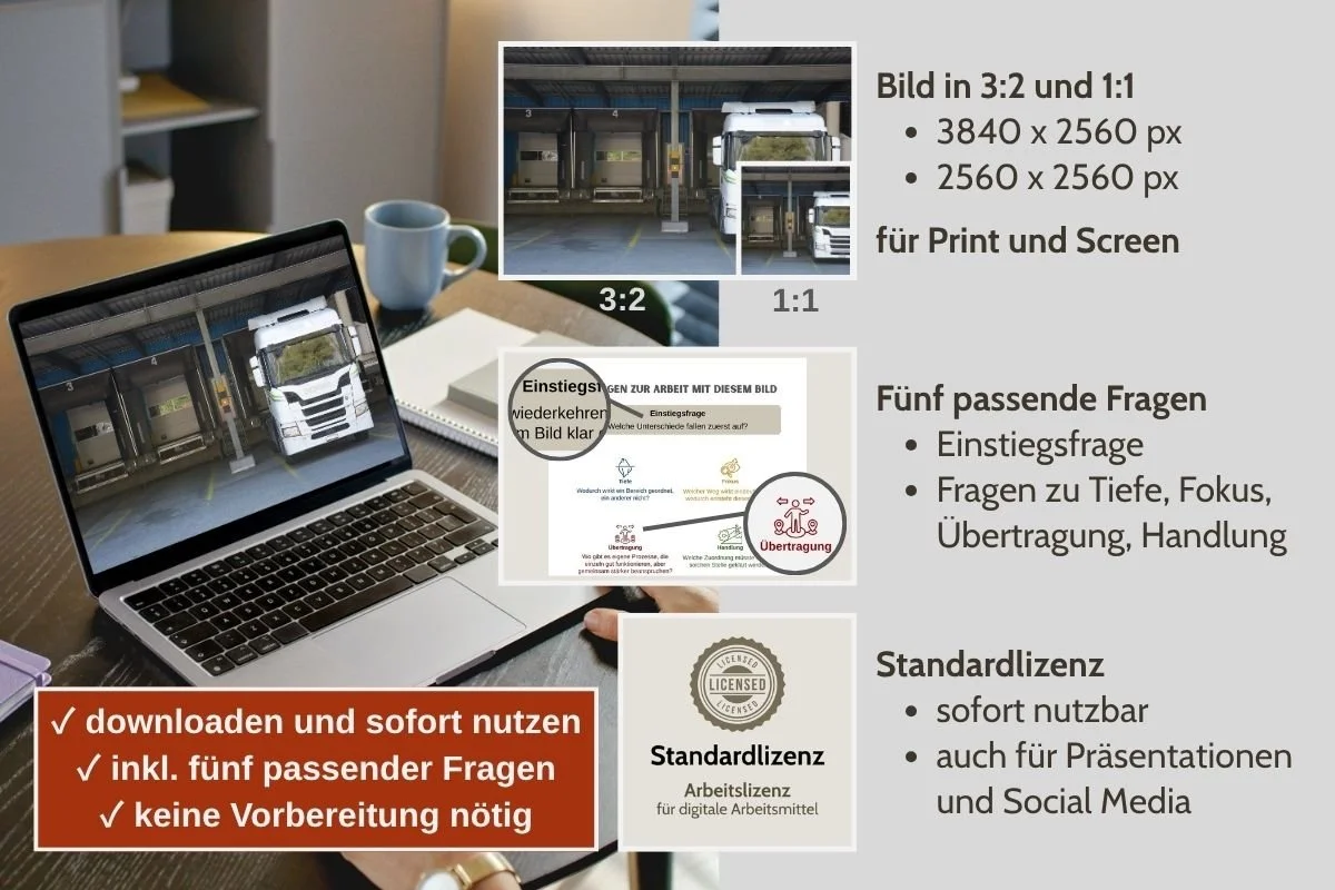 Unterschiedlich belegte Laderampen als Bild für Entscheidungen in verschiedenen Formaten, Vorschau von 5 passenden Arbeitsfragen und Standardlizenz