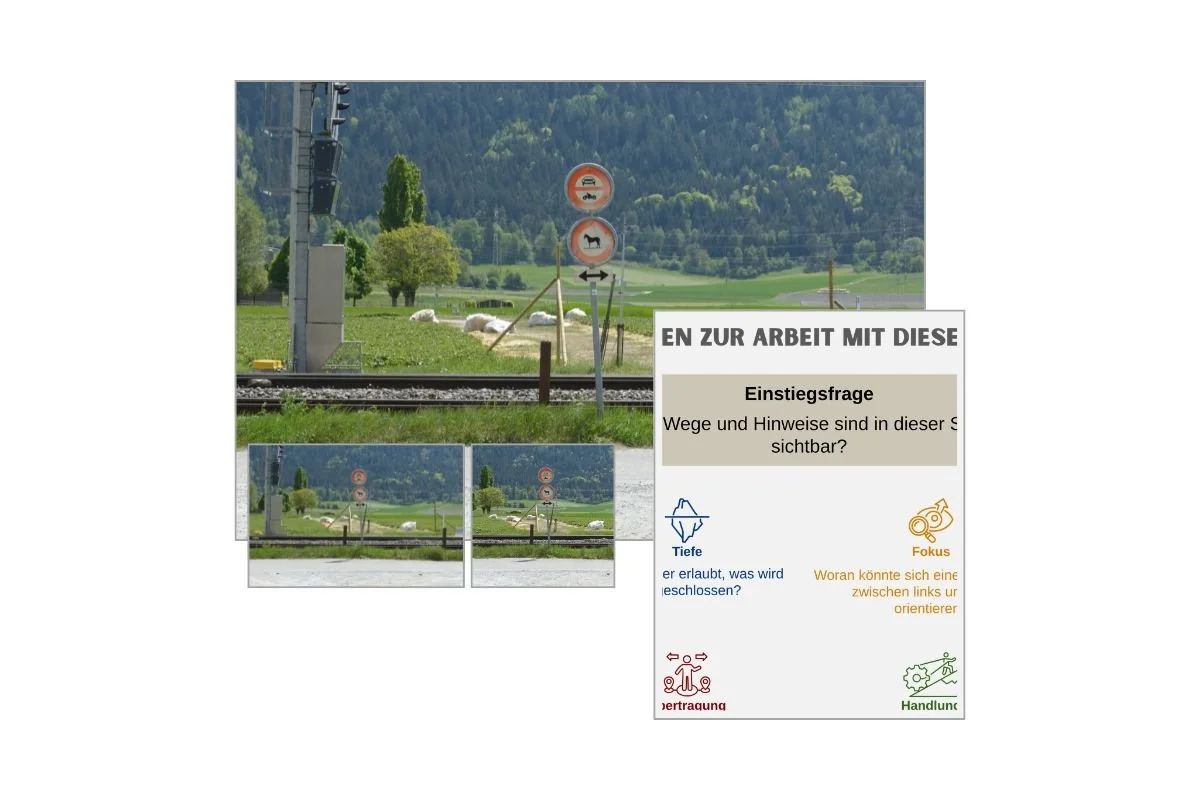 Weg mit Verbotsschildern als Entscheidungsbild mit verschiedenen Formaten und Vorschau von 5 Arbeitsfragen zur Reflexion