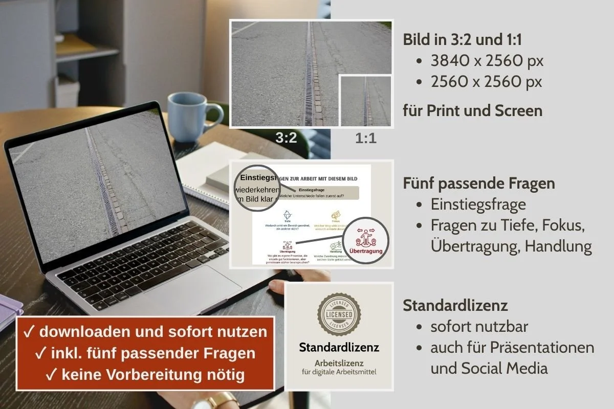 Entwässerungsrinne als Bild für Struktur und Ordnung in verschiedenen Formaten, Vorschau von 5 passenden Arbeitsfragen und Standardlizenz