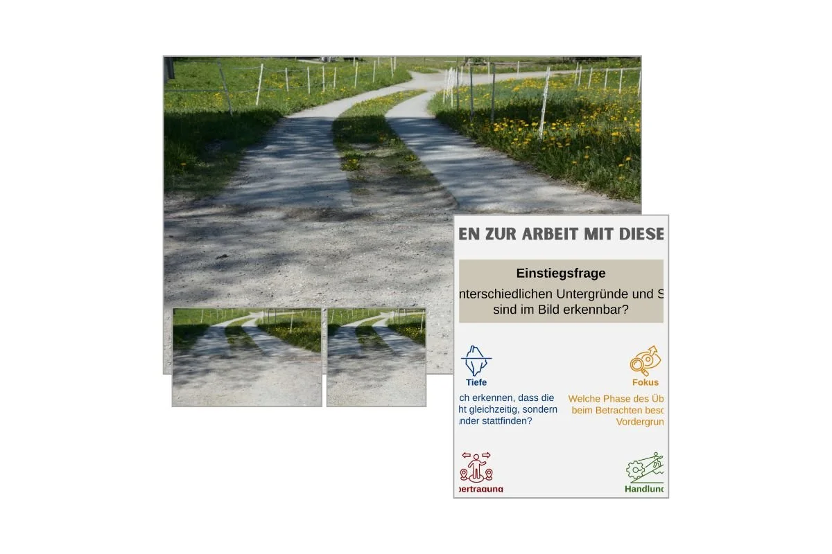 Übergang Kiesweg zu betonierter Fahrbahn als Prozessbild mit verschiedenen Formaten und Vorschau von 5 Arbeitsfragen zur Reflexion