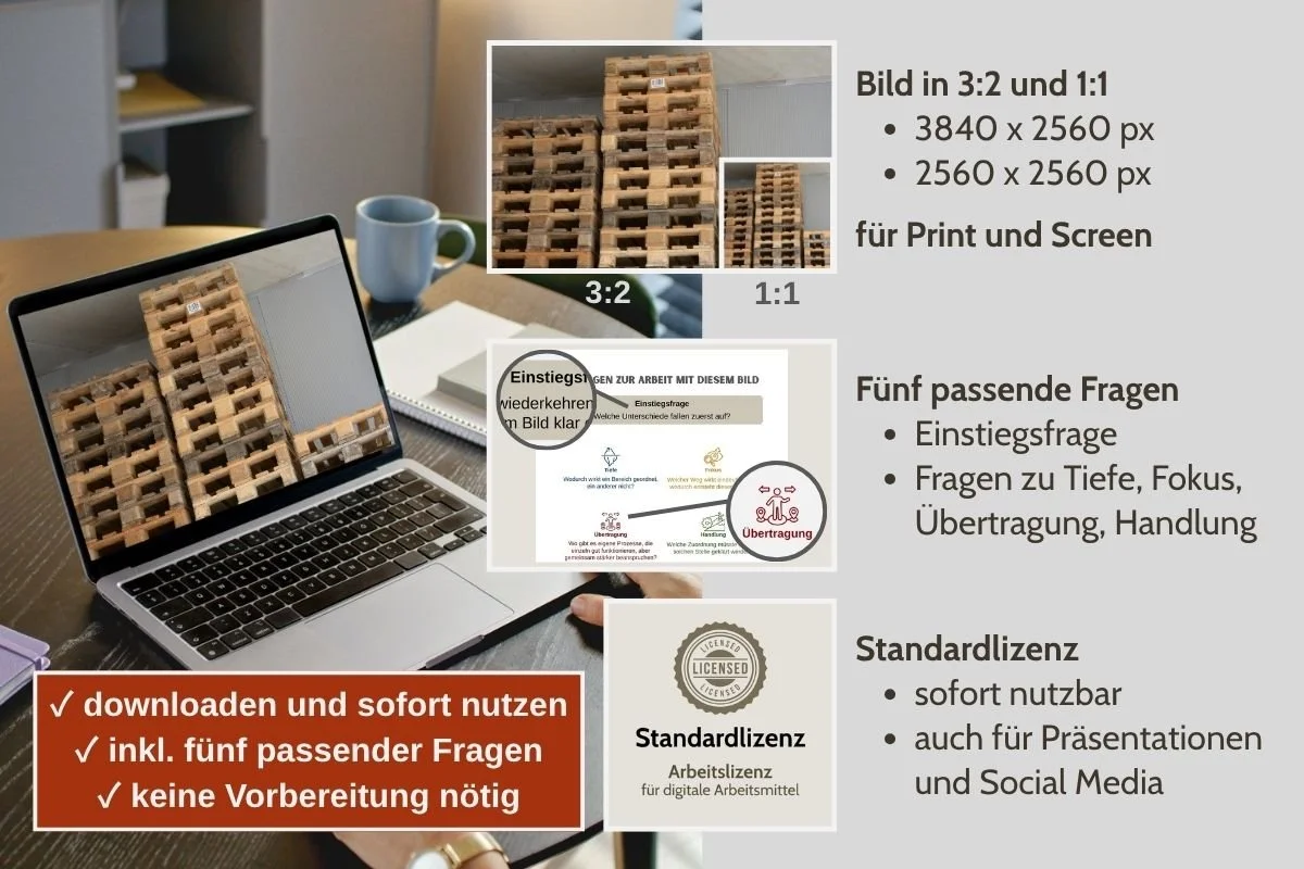 Drei Palettenstapel als Bild für Entscheidungen in verschiedenen Formaten, Vorschau von 5 passenden Arbeitsfragen und Standardlizenz