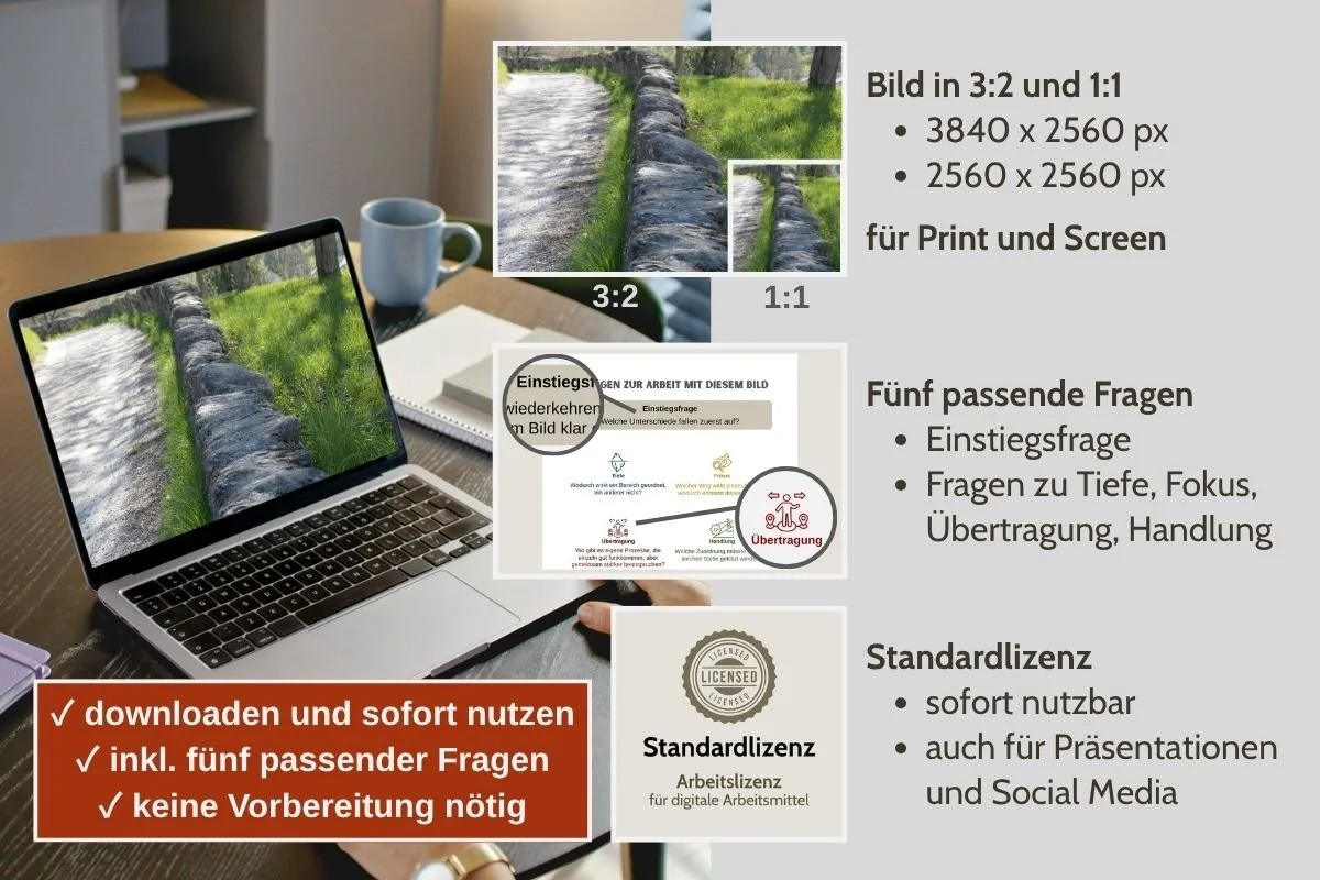 Natursteinmauer als Strukturbild auf Screen und als gedruckte Postkarte während einer Gruppenarbeit