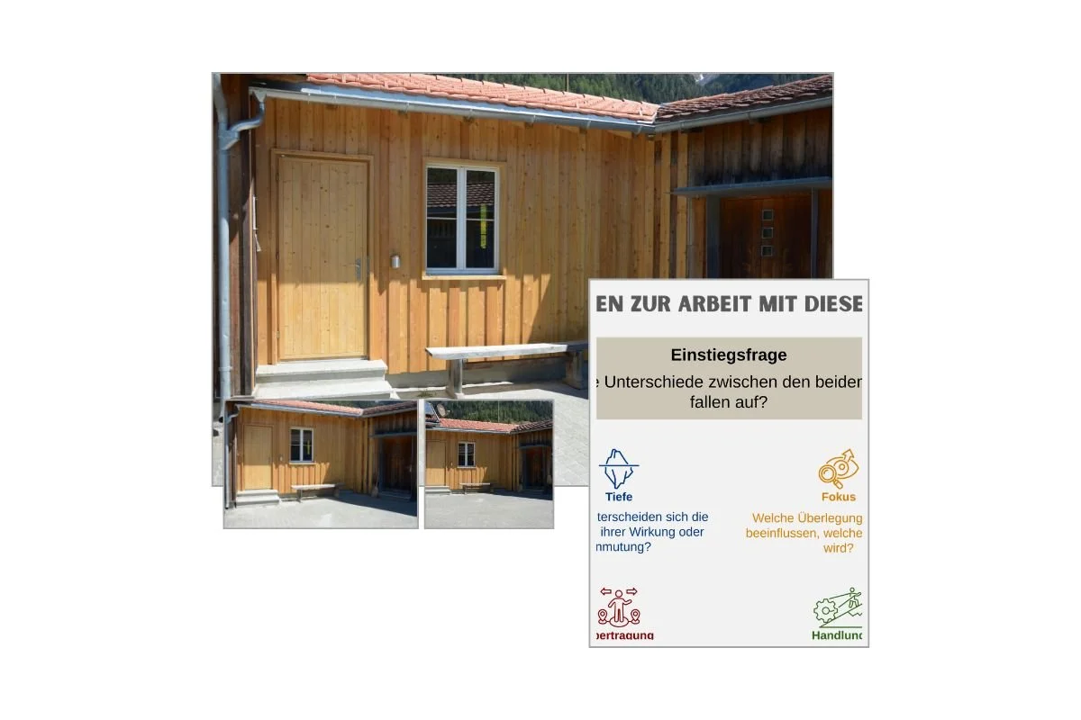 Unterschiedliche Türen als Entscheidungsbild mit verschiedenen Formaten und Vorschau von 5 Arbeitsfragen zur Reflexion