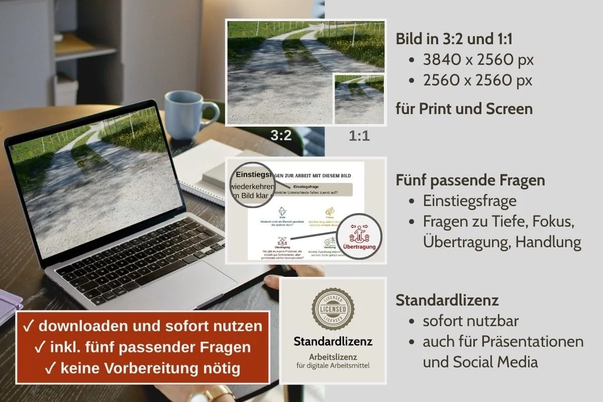 Übergang Kiesweg zu betonierter Fahrbahn als Bild für Prozessfragen in verschiedenen Formaten, Vorschau von 5 passenden Arbeitsfragen und Standardlizenz