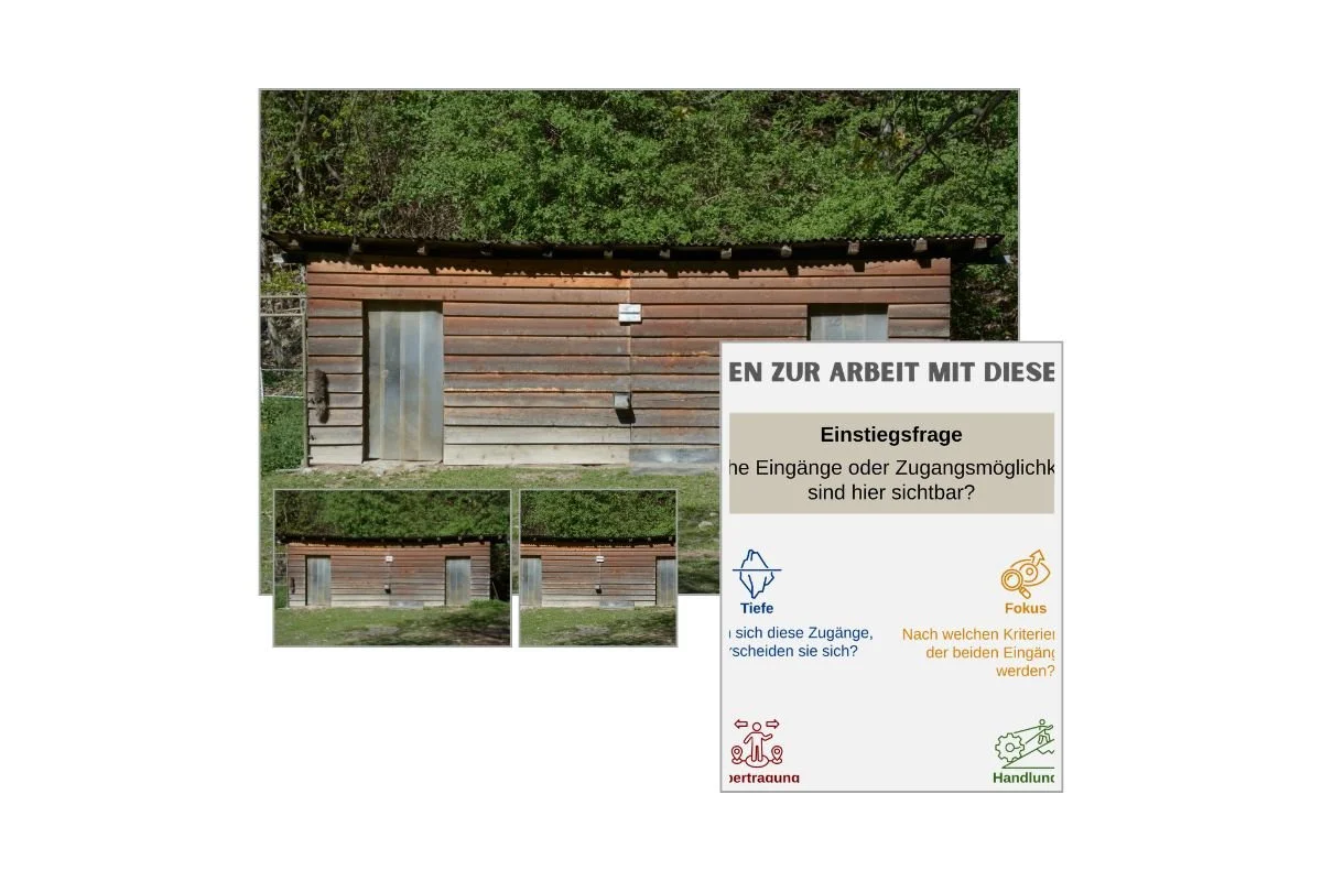 Holzbau mit zwei Eingängen als Entscheidungsbild mit verschiedenen Formaten und Vorschau von 5 Arbeitsfragen zur Reflexion
