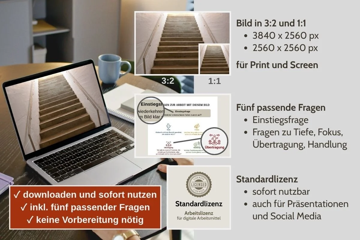 Gleichmässige Treppenstufen als Bild für Prozessfragen in verschiedenen Formaten, Vorschau von 5 passenden Arbeitsfragen und Standardlizenz
