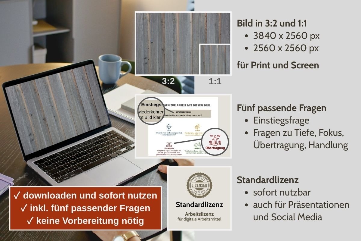 Gleichmässige Holzlatten als Bild für Struktur und Ordnung in verschiedenen Formaten, Vorschau von 5 passenden Arbeitsfragen und Standardlizenz