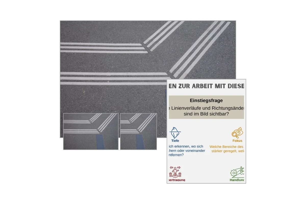 Linienmarkierung auf Asphalt als Prozessbild mit verschiedenen Formaten und Vorschau von 5 Arbeitsfragen zur Reflexion