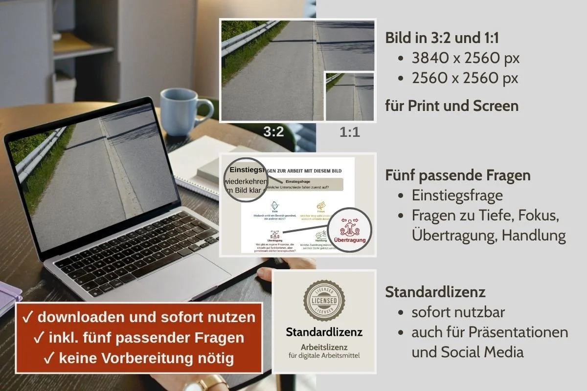 Gehweg und Strasse als Bild für Struktur und Ordnung in verschiedenen Formaten, Vorschau von 5 passenden Arbeitsfragen und Standardlizenz